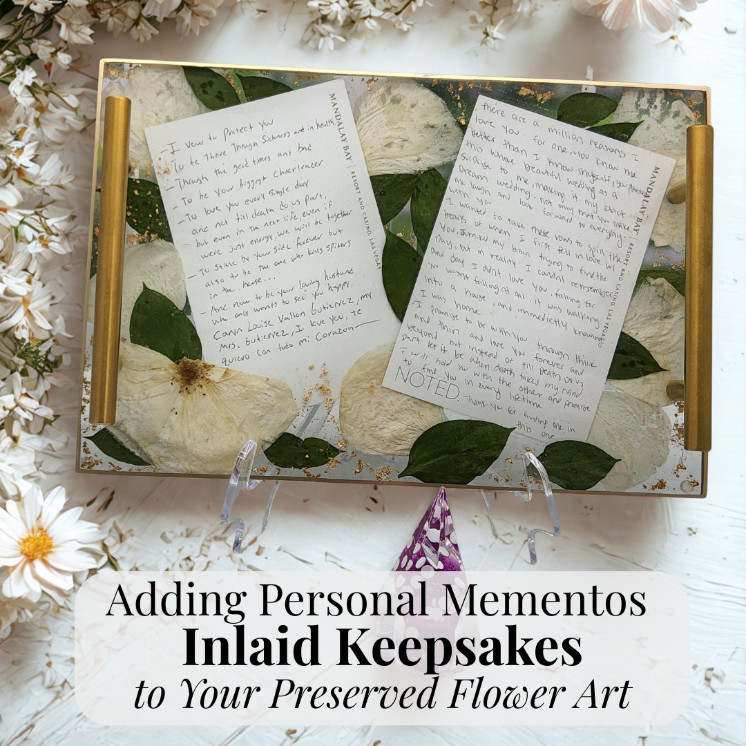 enagement bouquet preservation inside a resin serving tray with wedding vows