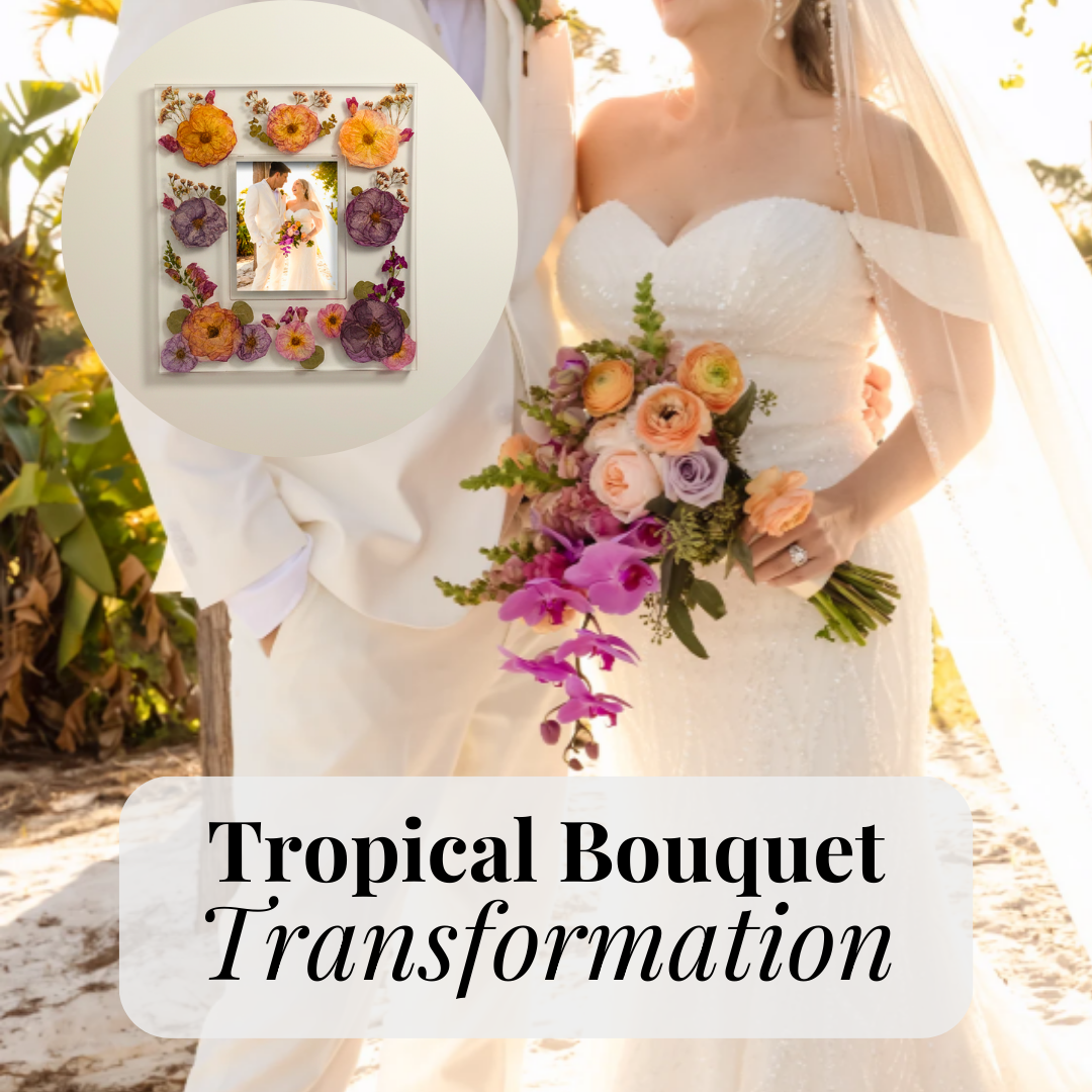 wedding day photo of a tropical bridal bouquet before flower preservation and after flower preservation as a wall hanging 8x10 photo frame made with the same flowers