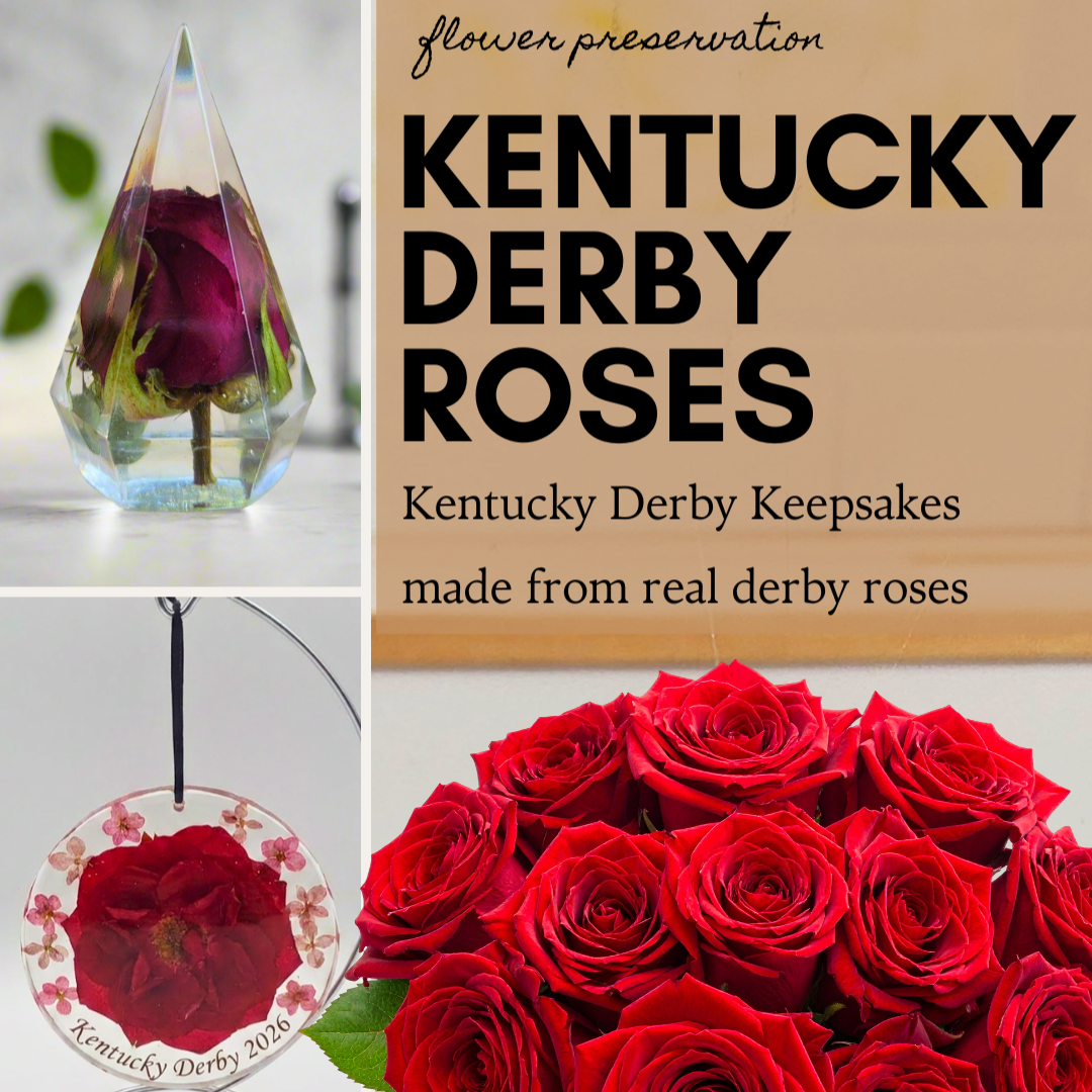 Flower preservation for Kentucky Derby Roses and flower keepsakes made with derby rose preserved in resin