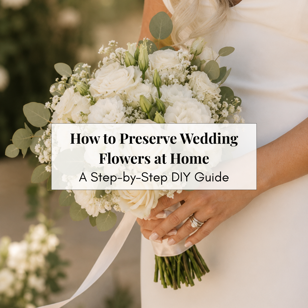 Wedding bouquet with text title "How to preserve your wedding flowers at home, a DIY guide"