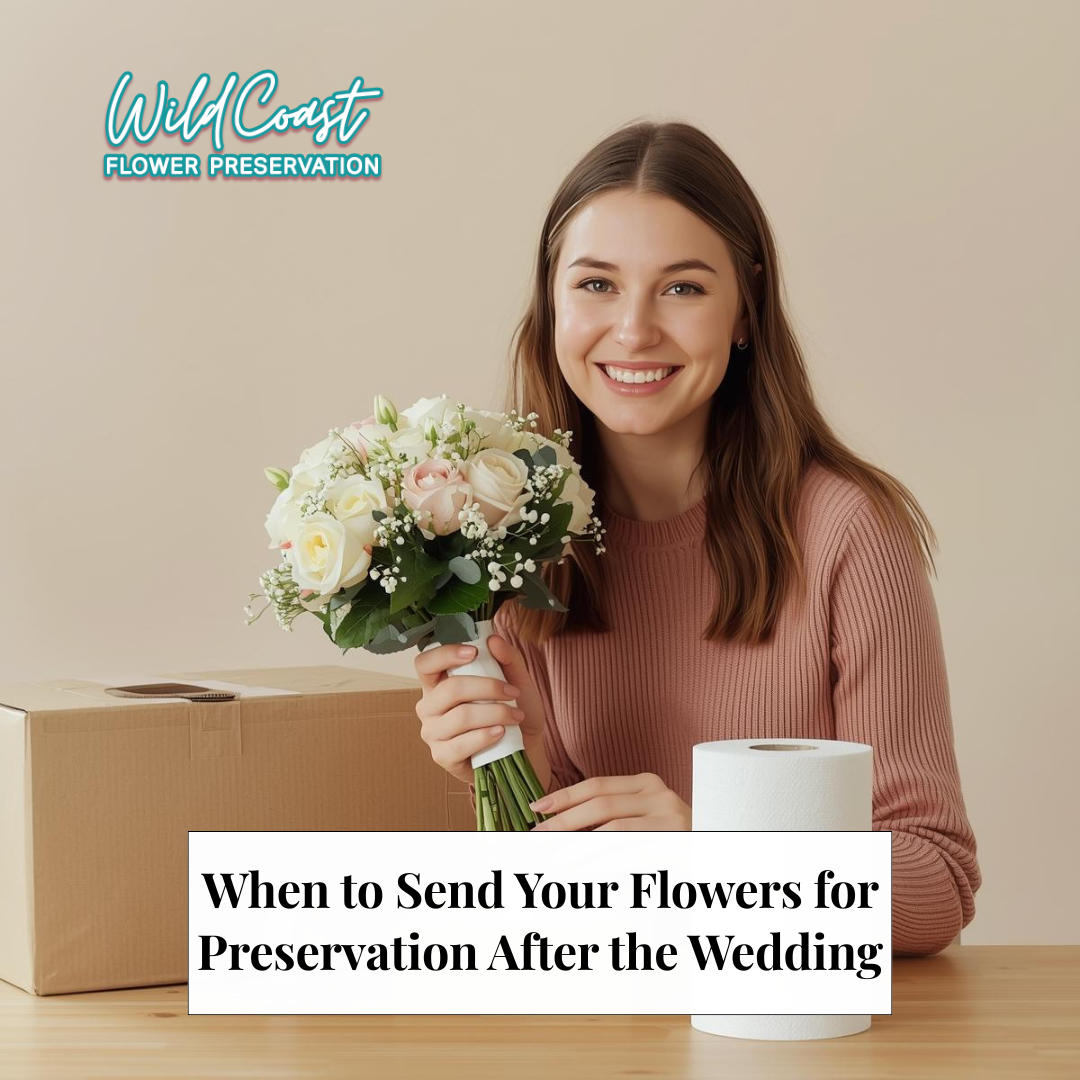 A young woman holding a fresh wedding bouquet for shipping to wild coast flower preservation