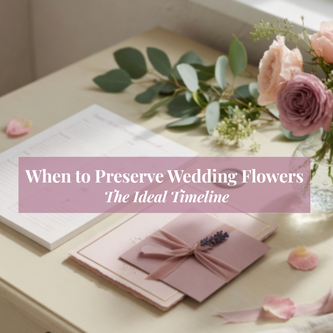 Wedding stationary with fresh flowers and pressed flowers on a desk with the blog title When to preserve Wedding Flowers
