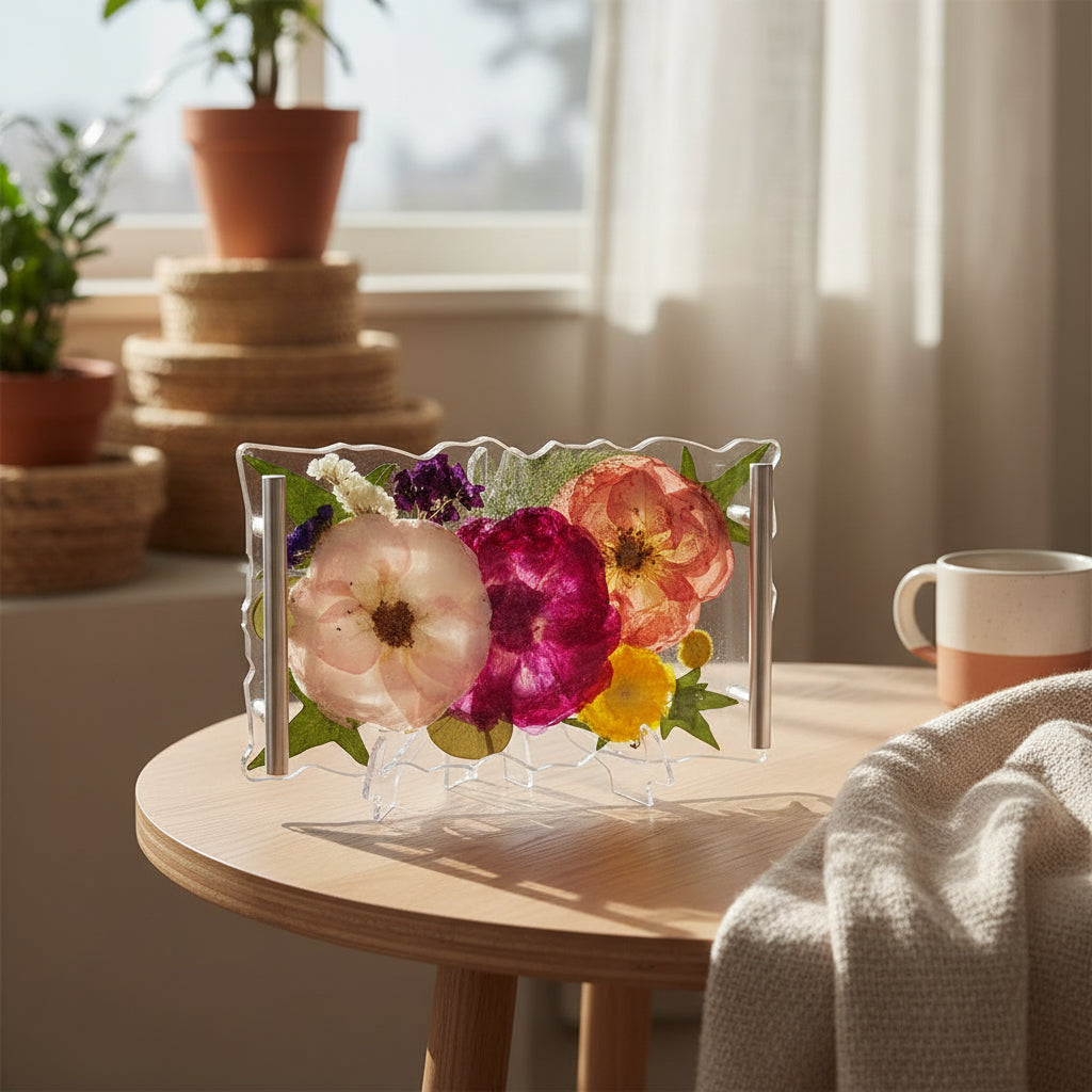 Colorful Rose Wedding Bouquet preservation Tray on wood side table in reading room window