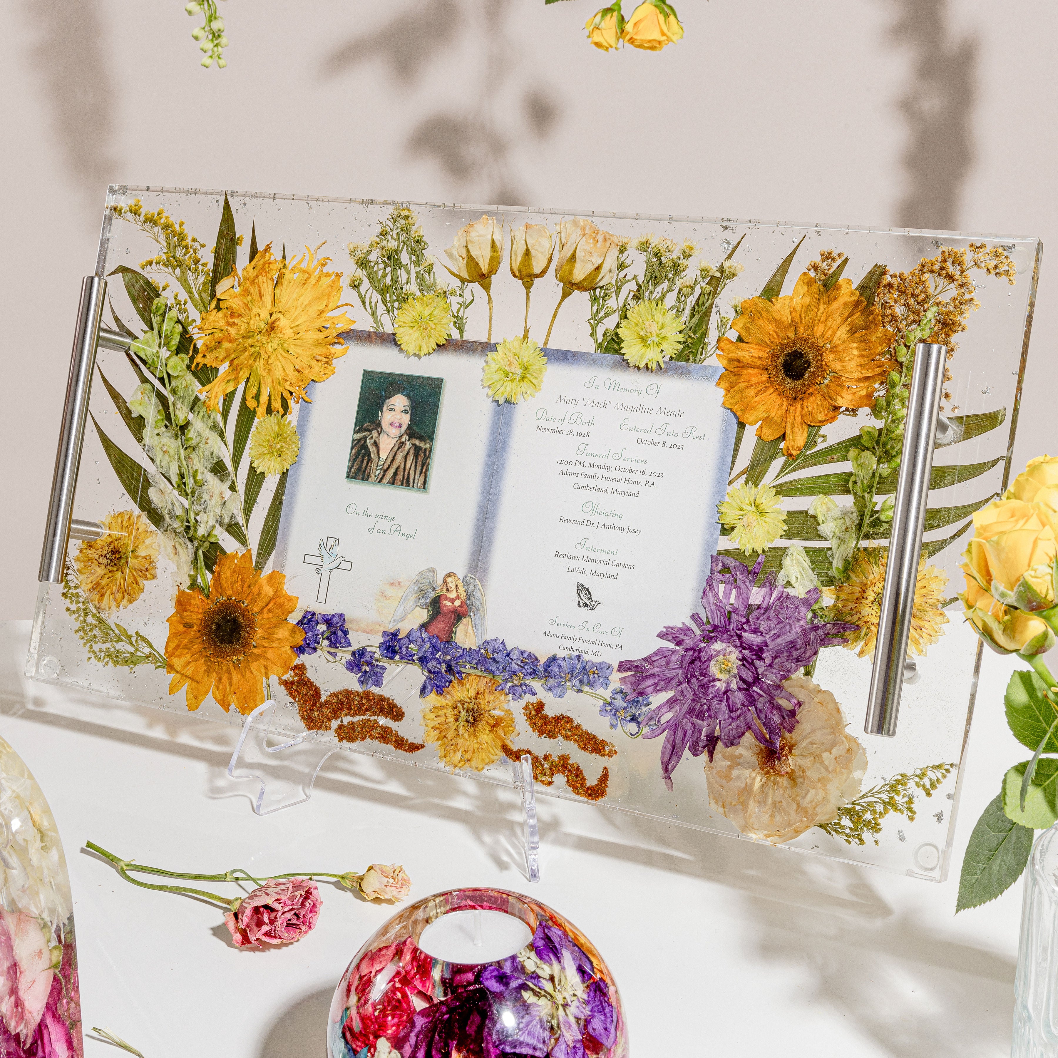Memorial Bouquet Preservation Service Card in Resin Serving Tray