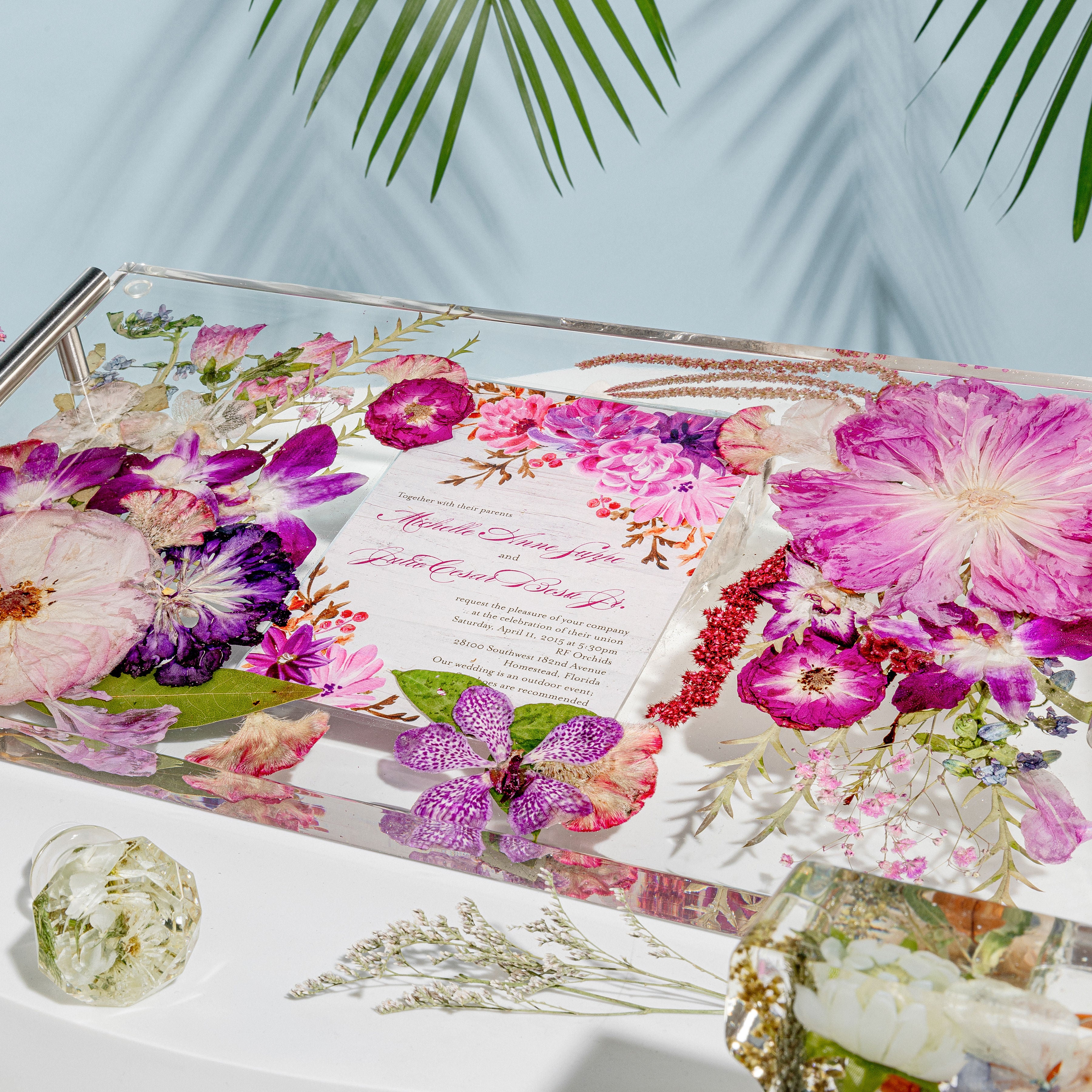 Wedding Bouquet preservation invitation preserved in resin serving tray with silver handles