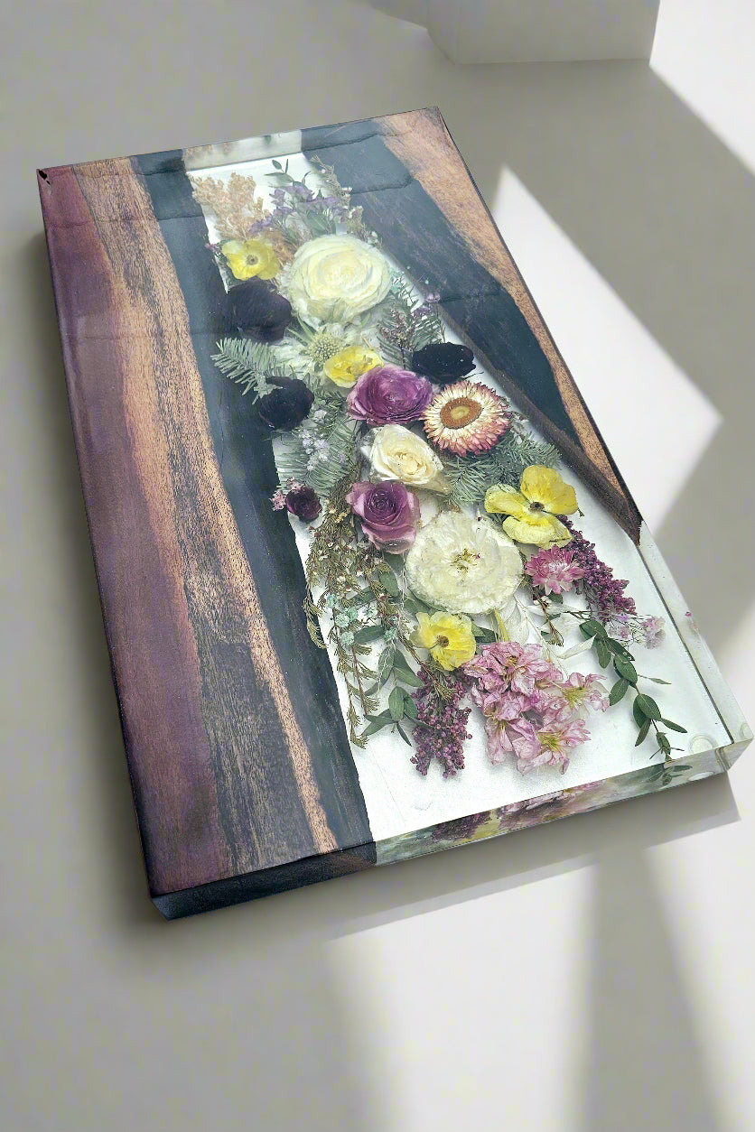 Flower preservation in live edge wood board