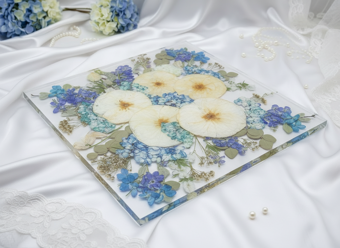 Resin flower preservation panel with pressed flowers on a white fabric background