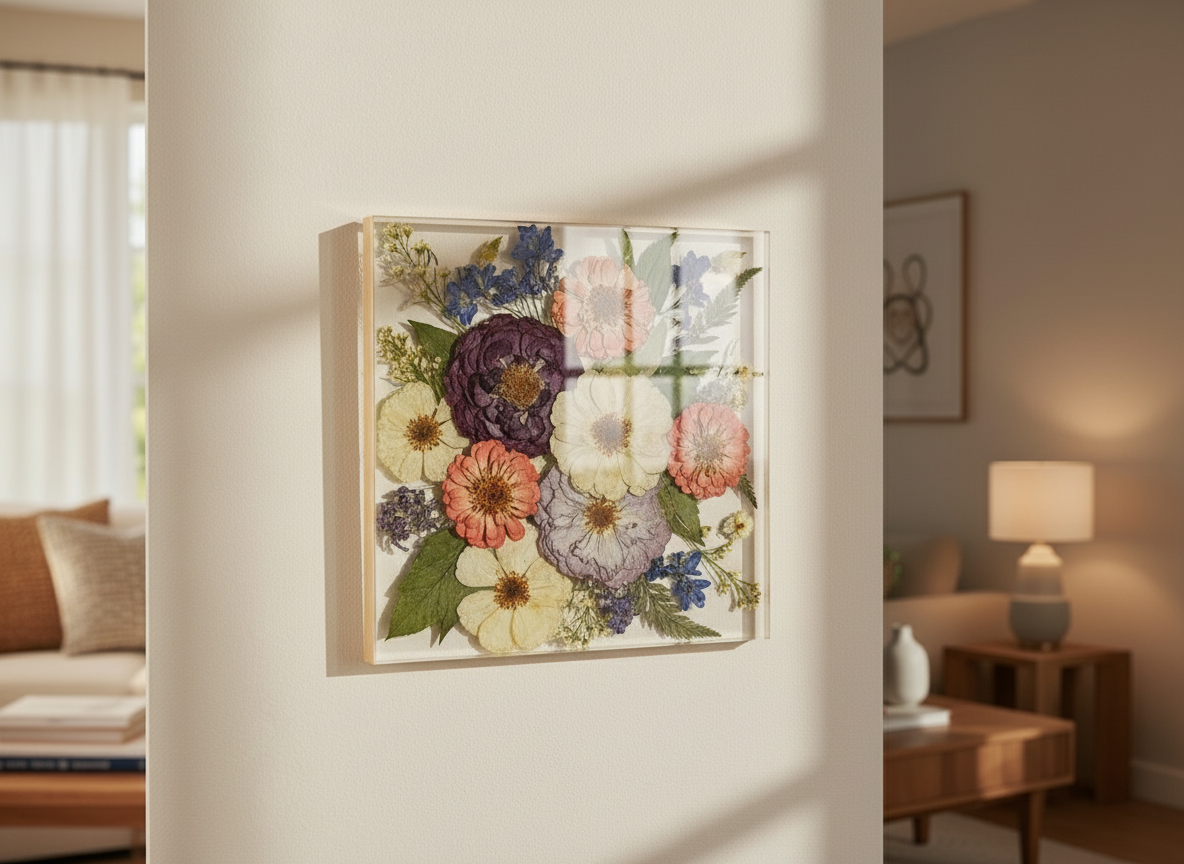 Floating Framed floral artwork on a wall in a living room setting
