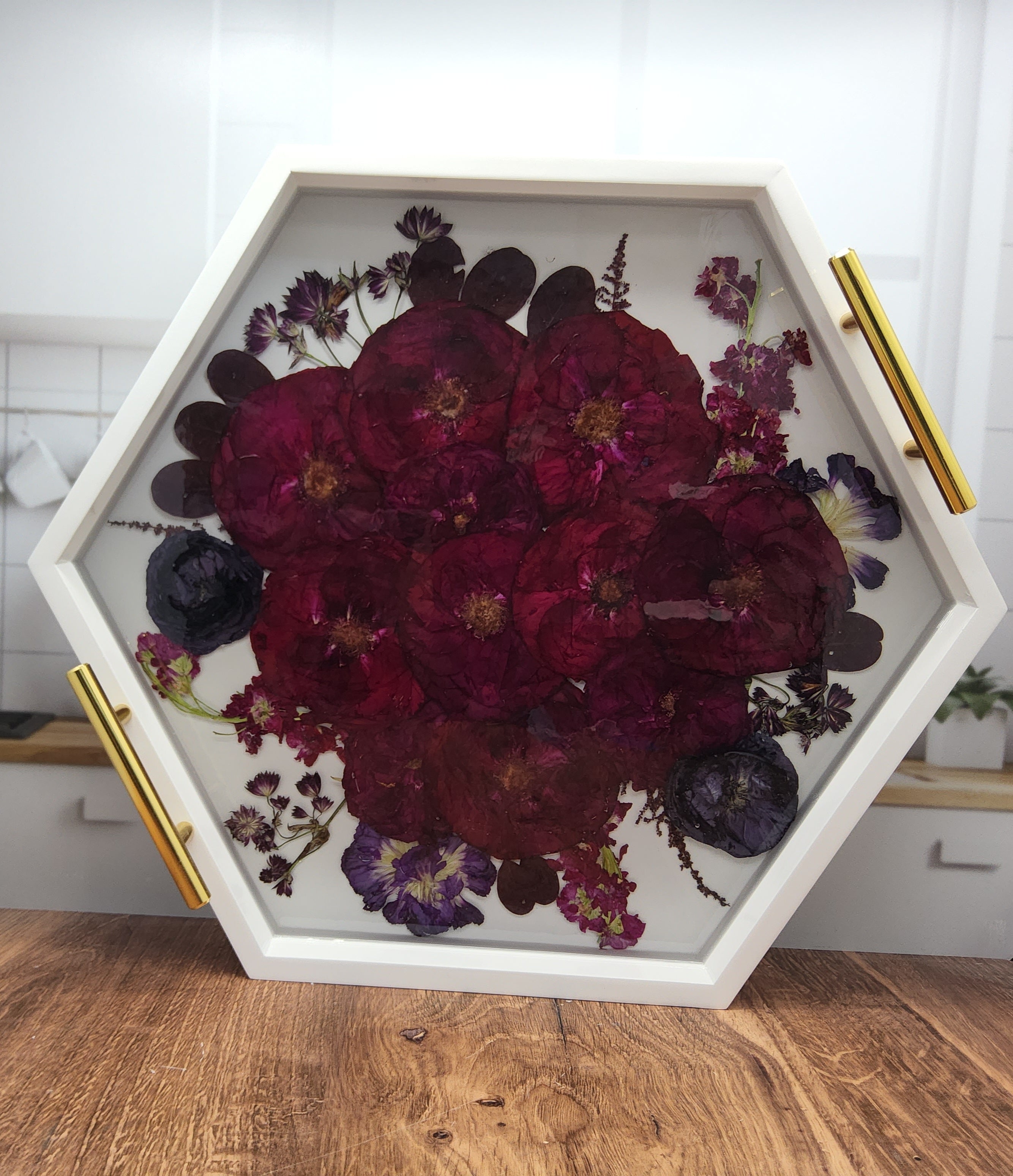 Pressed Flower Hexagon Ottoman Tray