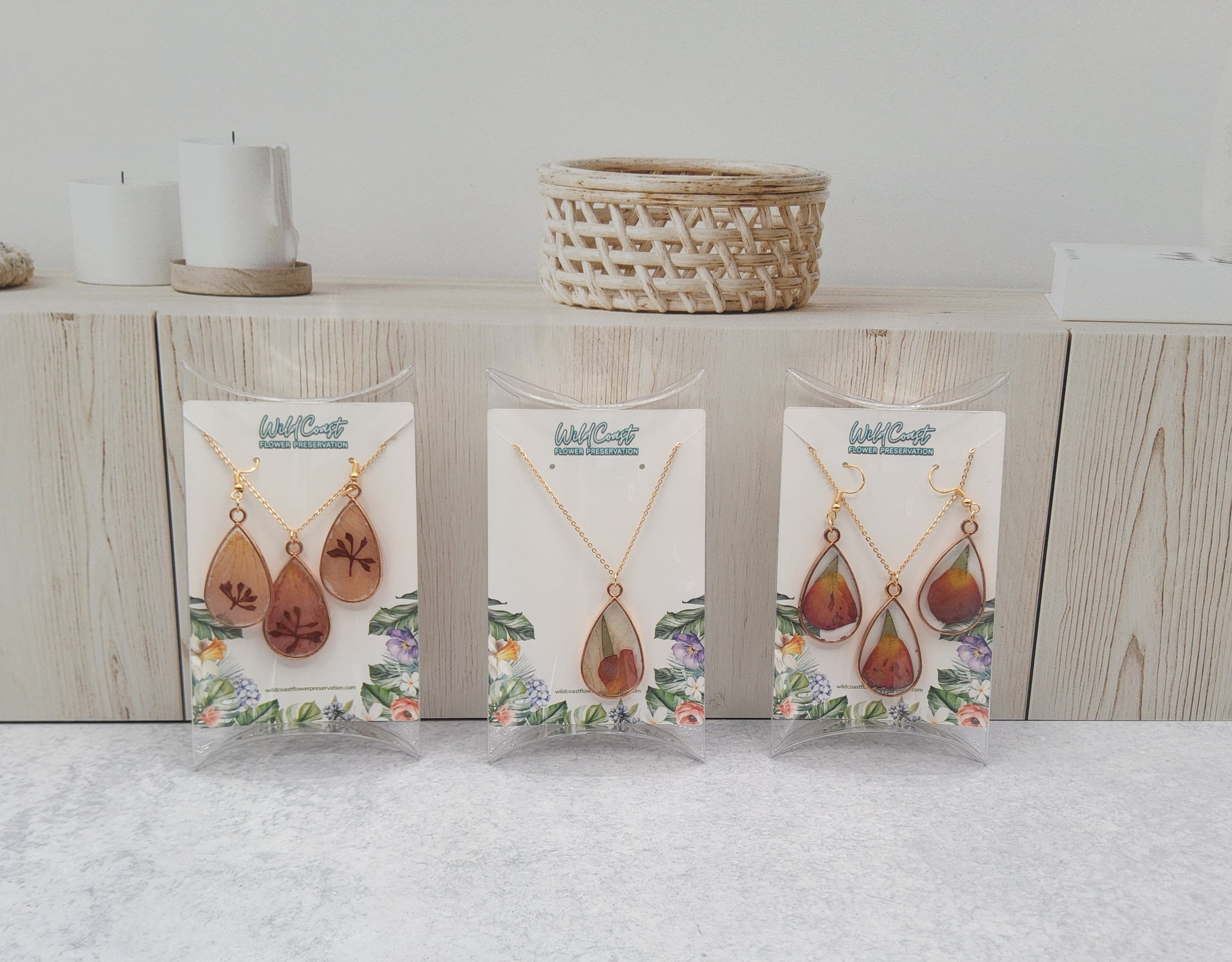 Pressed Flower Teardrop Pendant Jewelry Sets