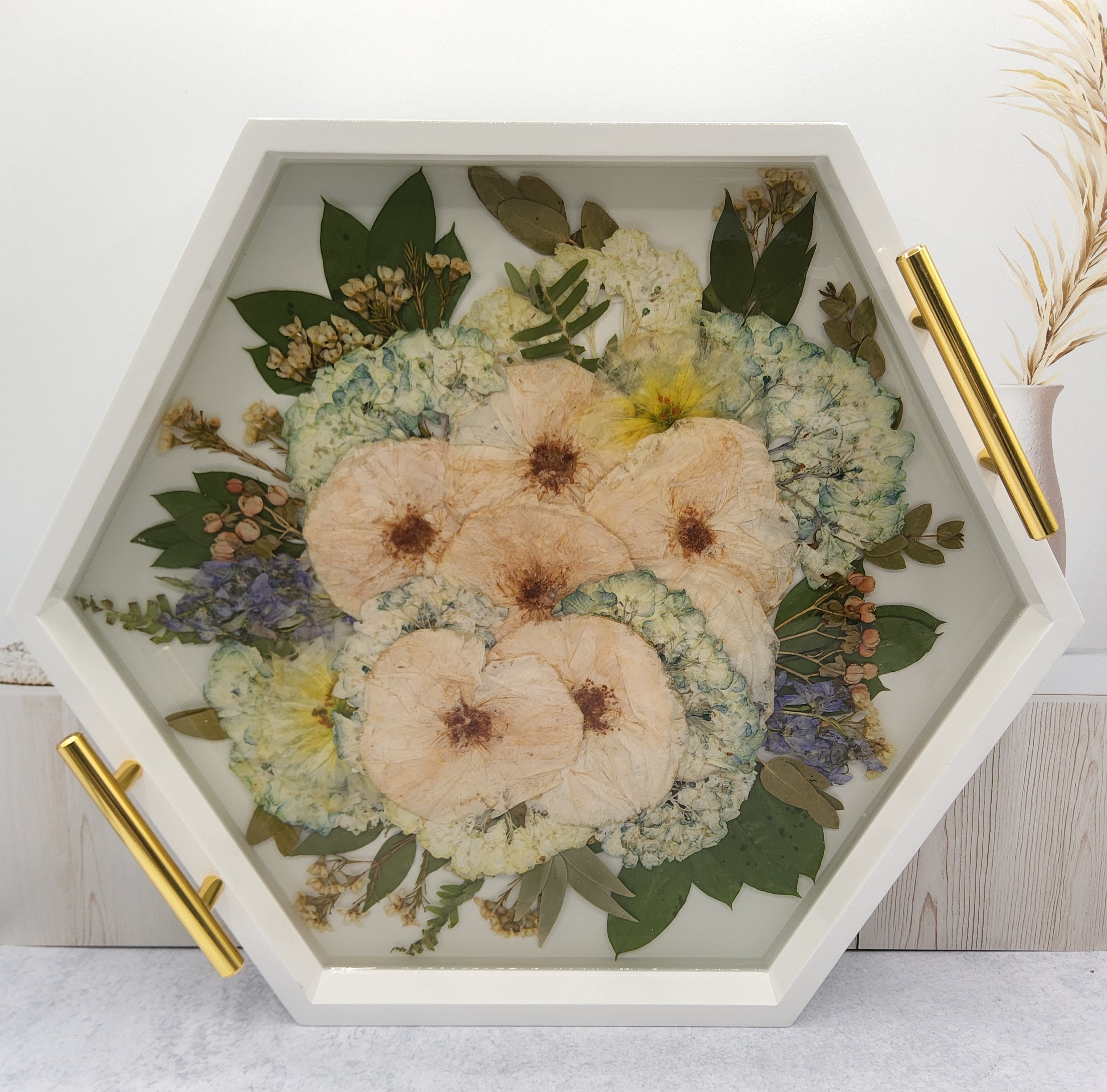 Pressed Flower Hexagon Ottoman Tray