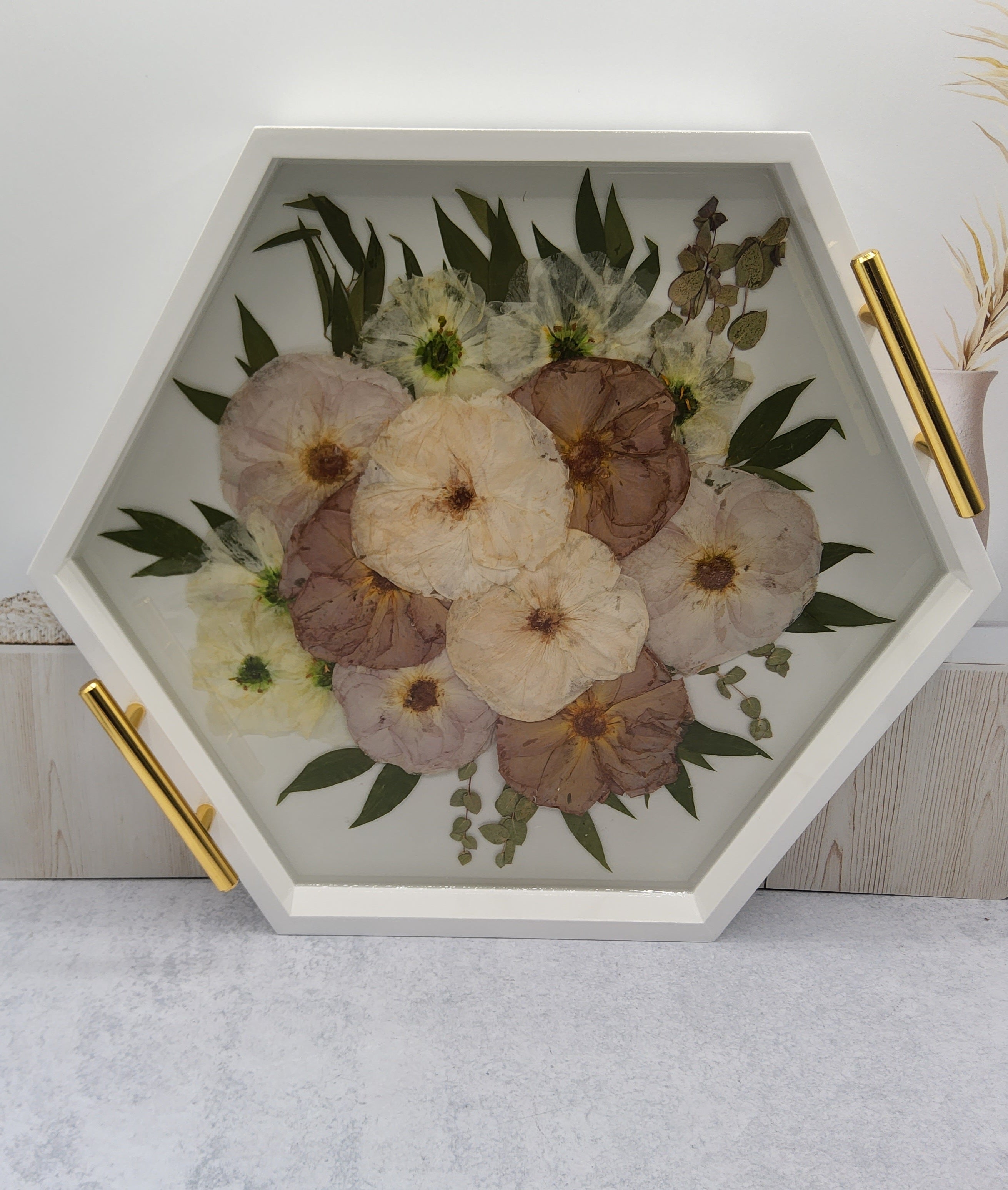 Pressed Flower Hexagon Ottoman Tray