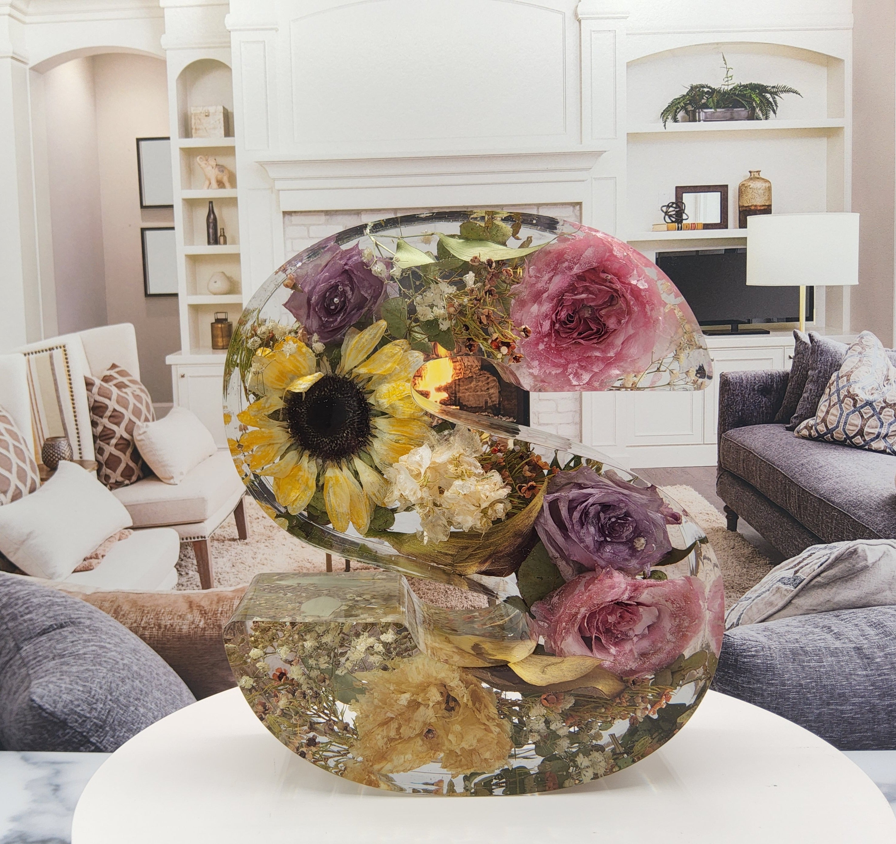Resin Letter Shape 'S' flower preservation blocks on display in living room