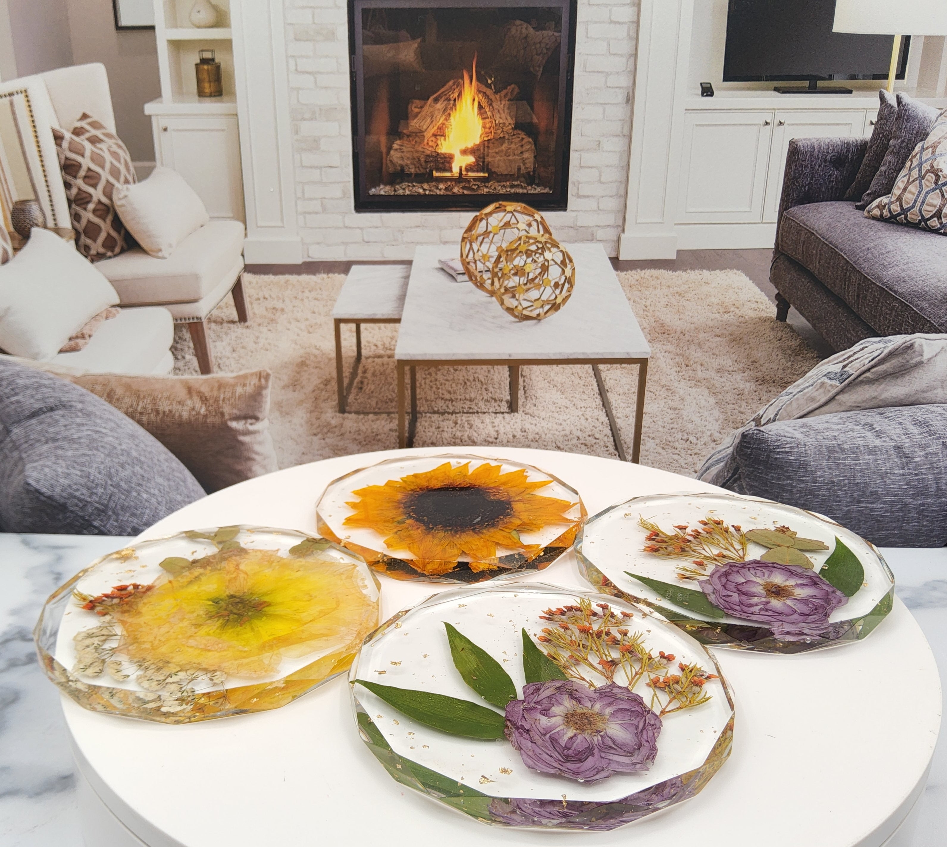 5" Pressed Flower Diamond Coaster Set