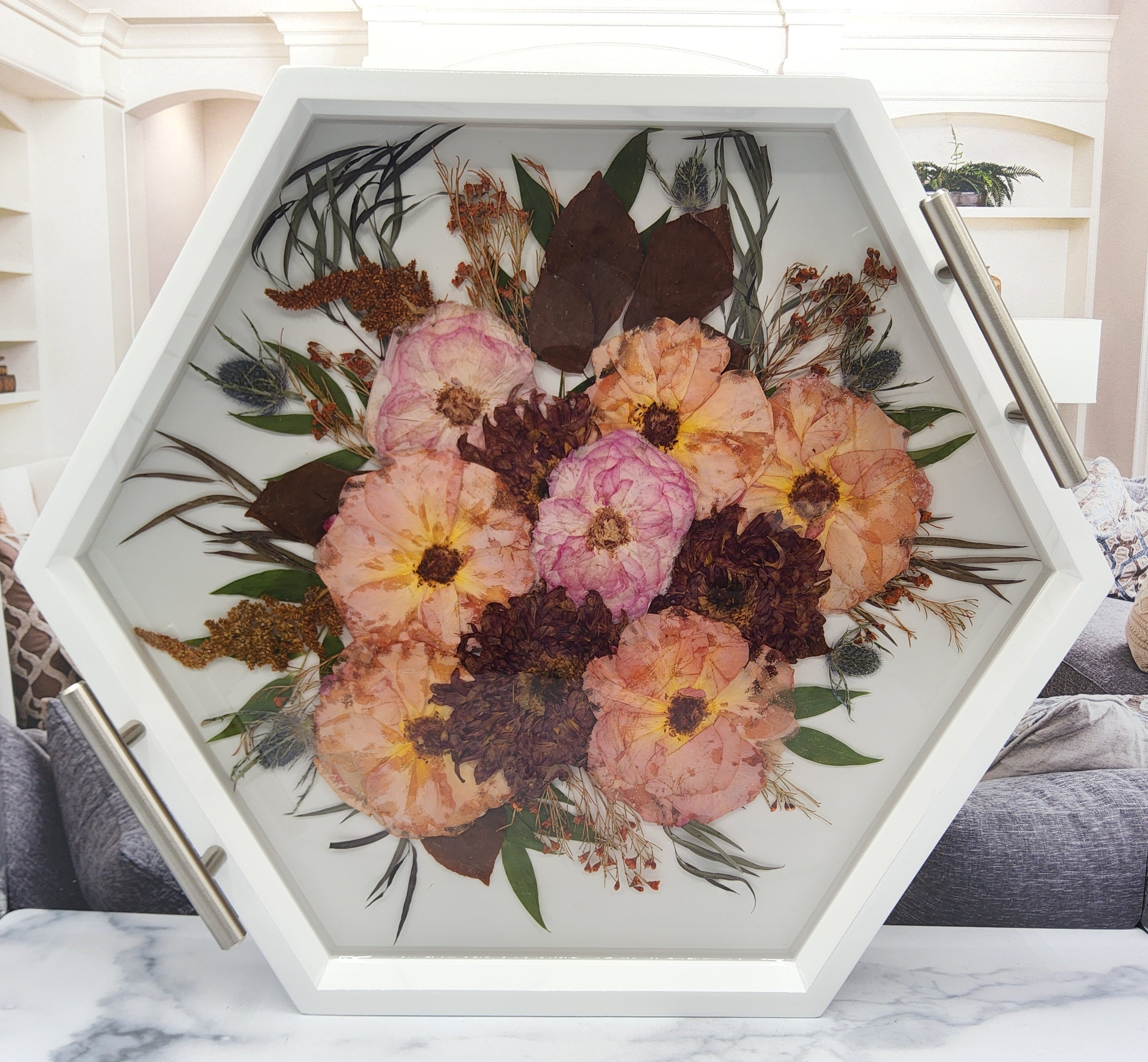 Pressed Flower Hexagon Ottoman Tray