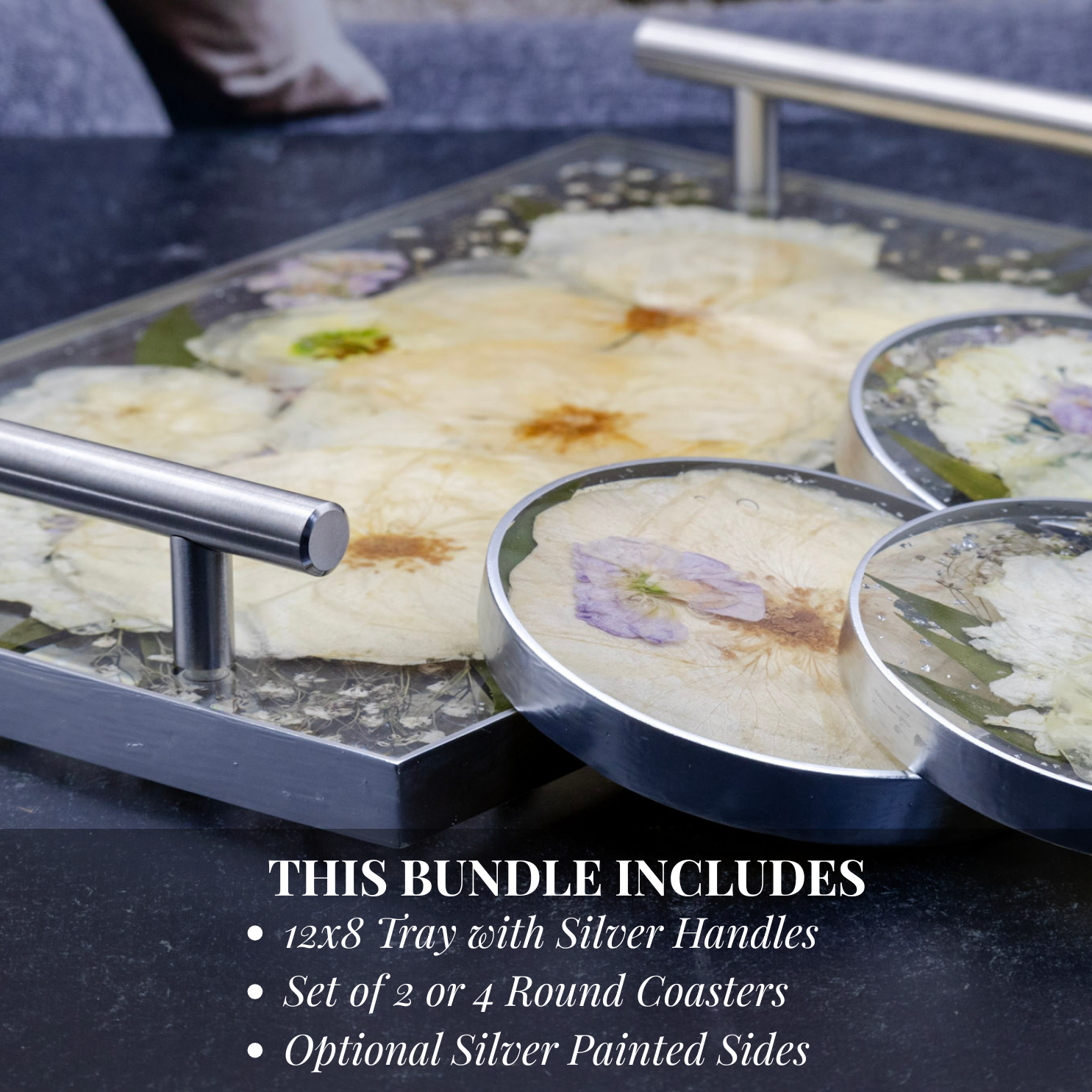 12x8 Tray & Round Coaster Bundle featuring silver handles and floral coasters for elegant wedding decor.