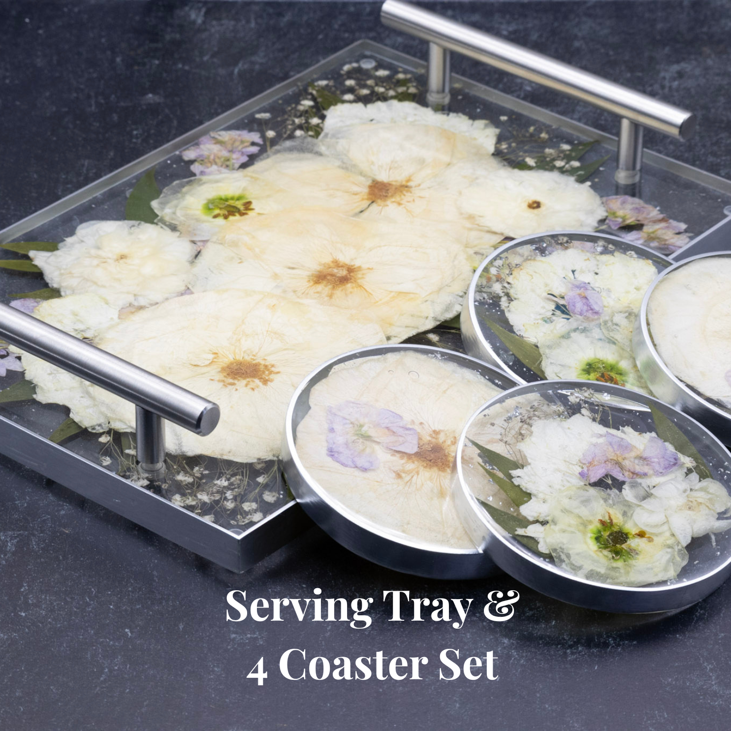 12x8 Tray & Round Coaster Bundle featuring preserved flowers in elegant resin design.