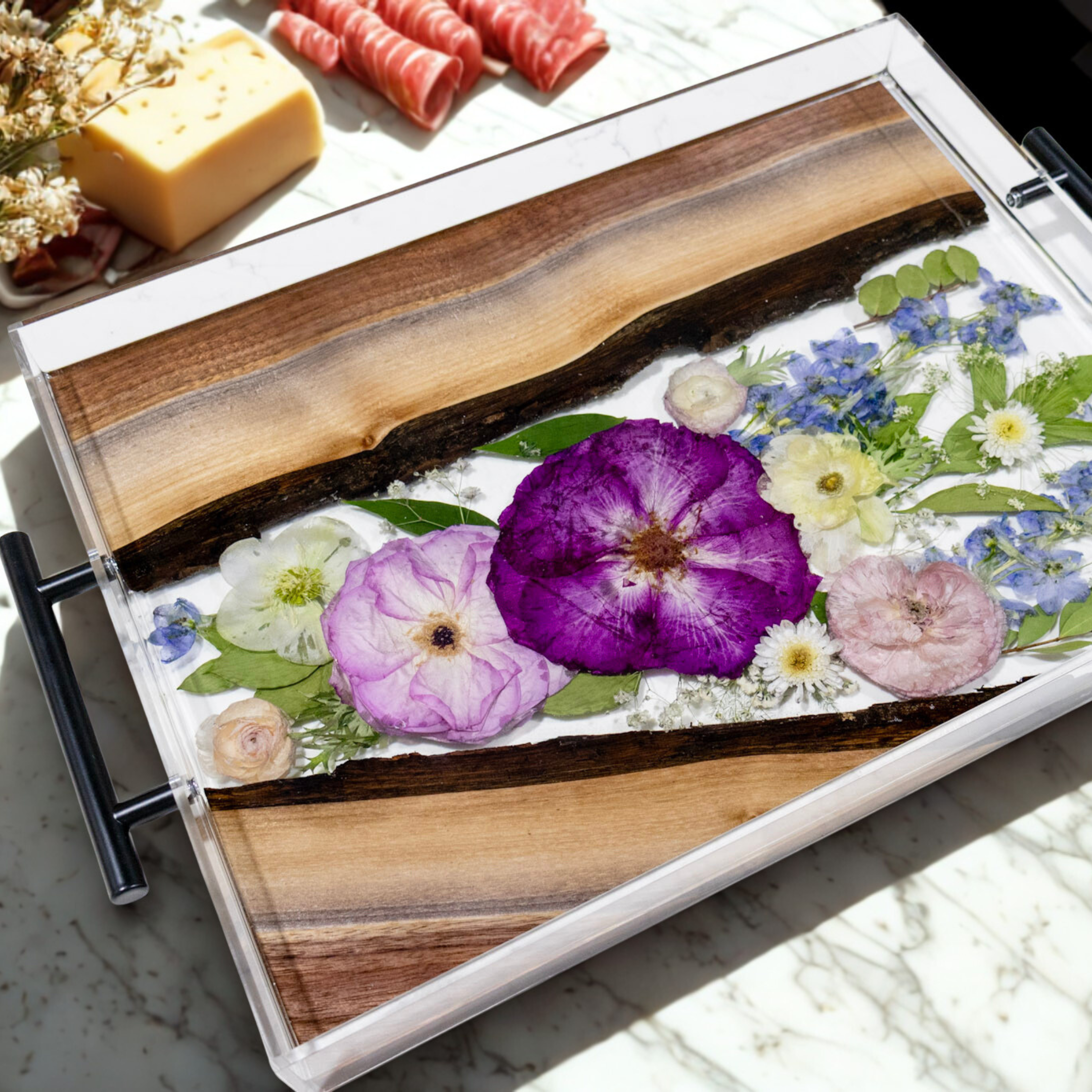 Decorative cutting board with floral design and wooden edge