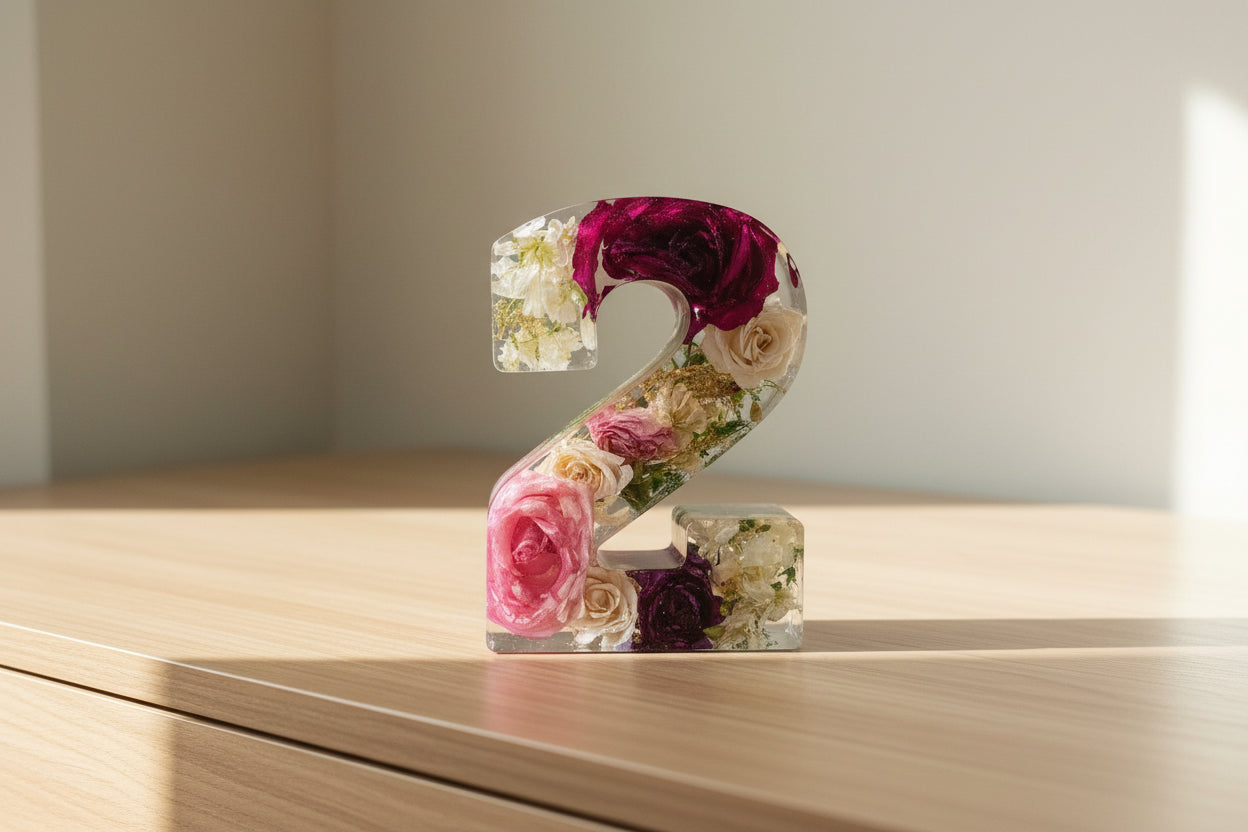 Resin Flower Preservation number '2' on a wood dresser