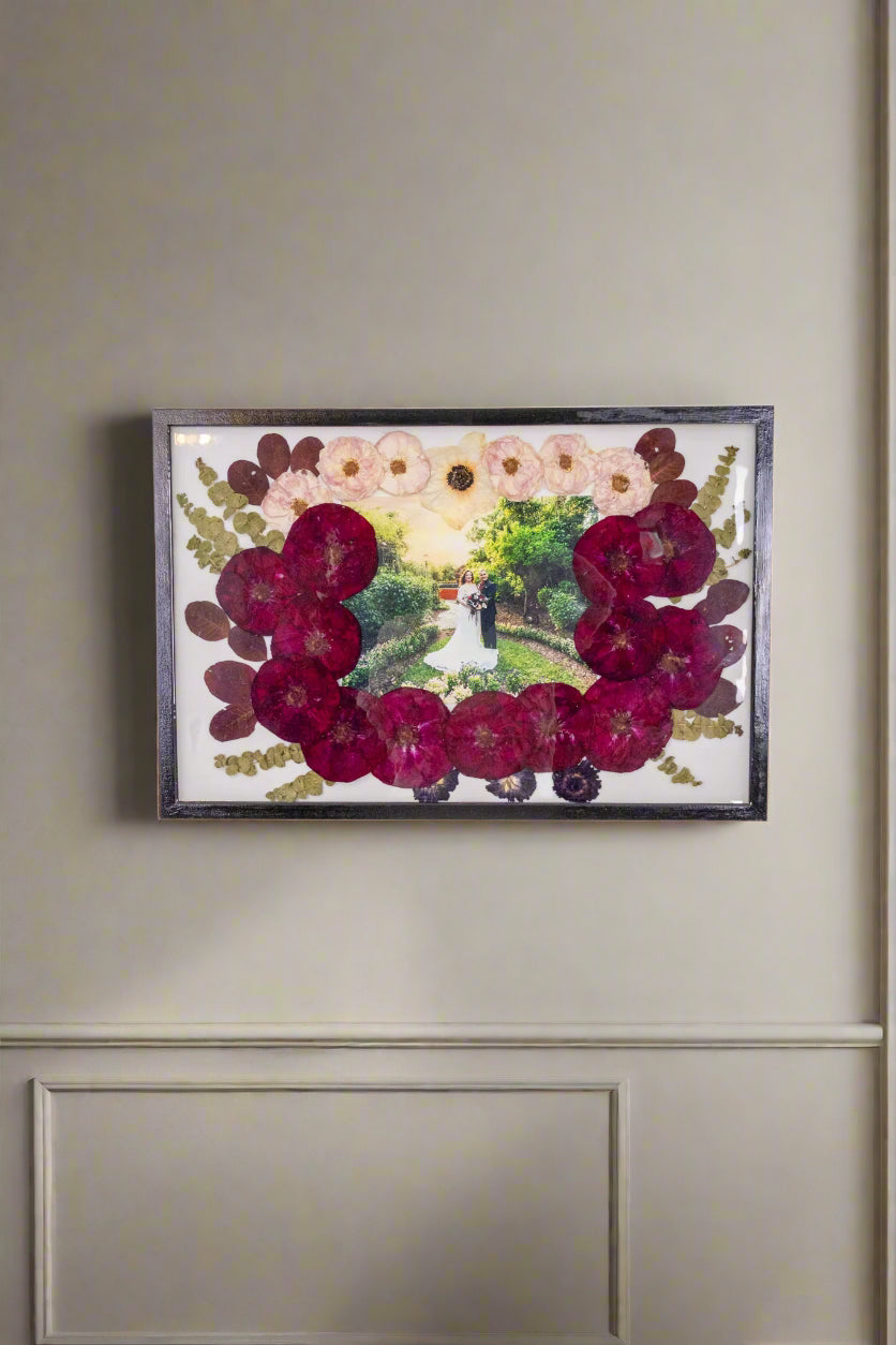 bouquet preservation frame pressed flower framing 23x15 wall decor red rose and photo