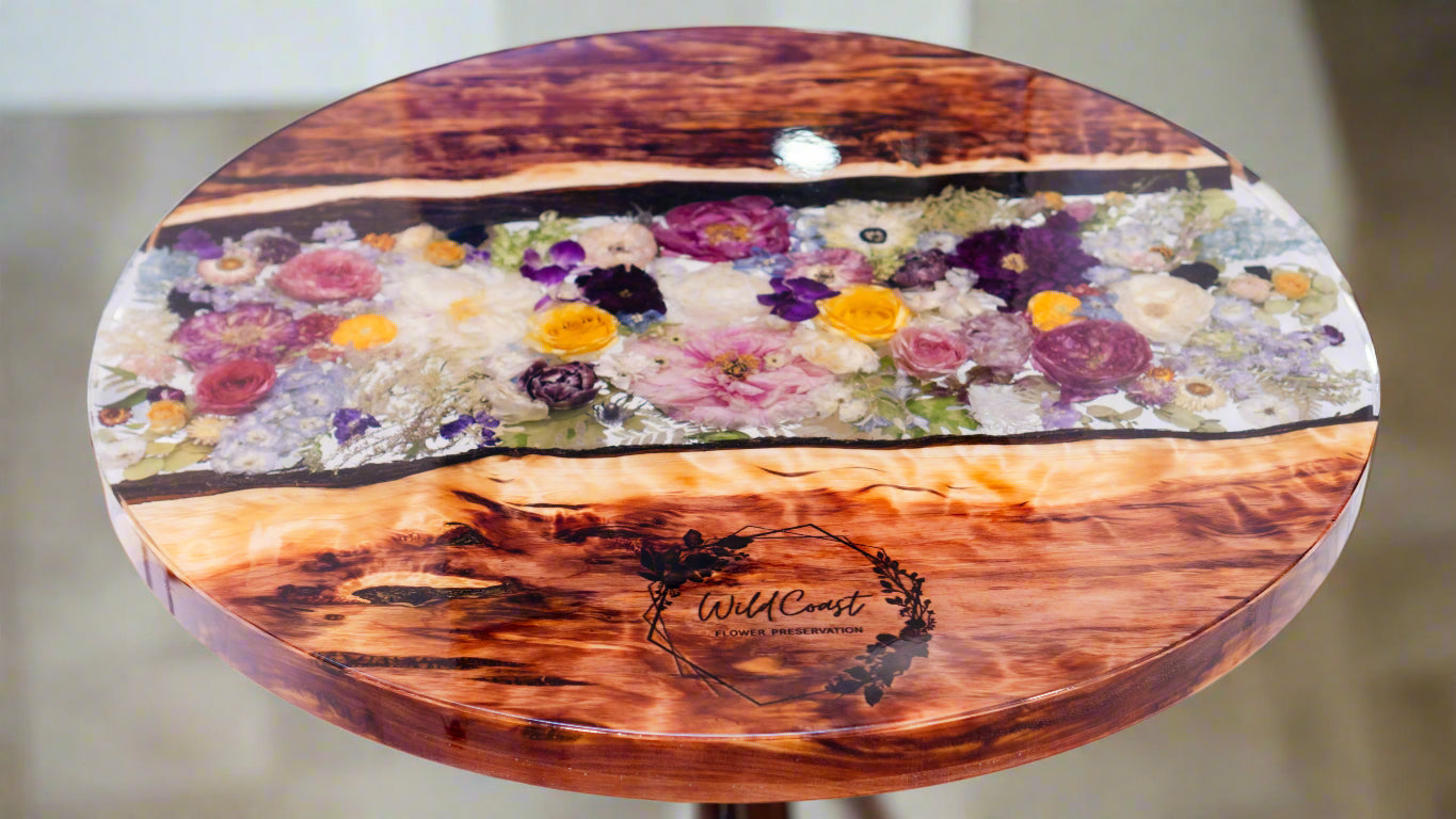 Laser Engraved Live Edge Wood Table Bouquet Preservation