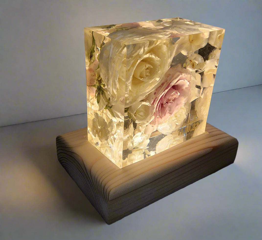 Wedding Bouquet Preservation 5 inch bouquet block lighted pine base