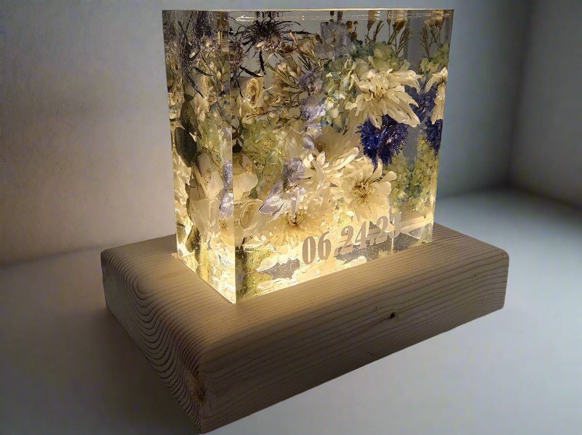 wedding flower preservation 5 inch bouquet block lighted pine base