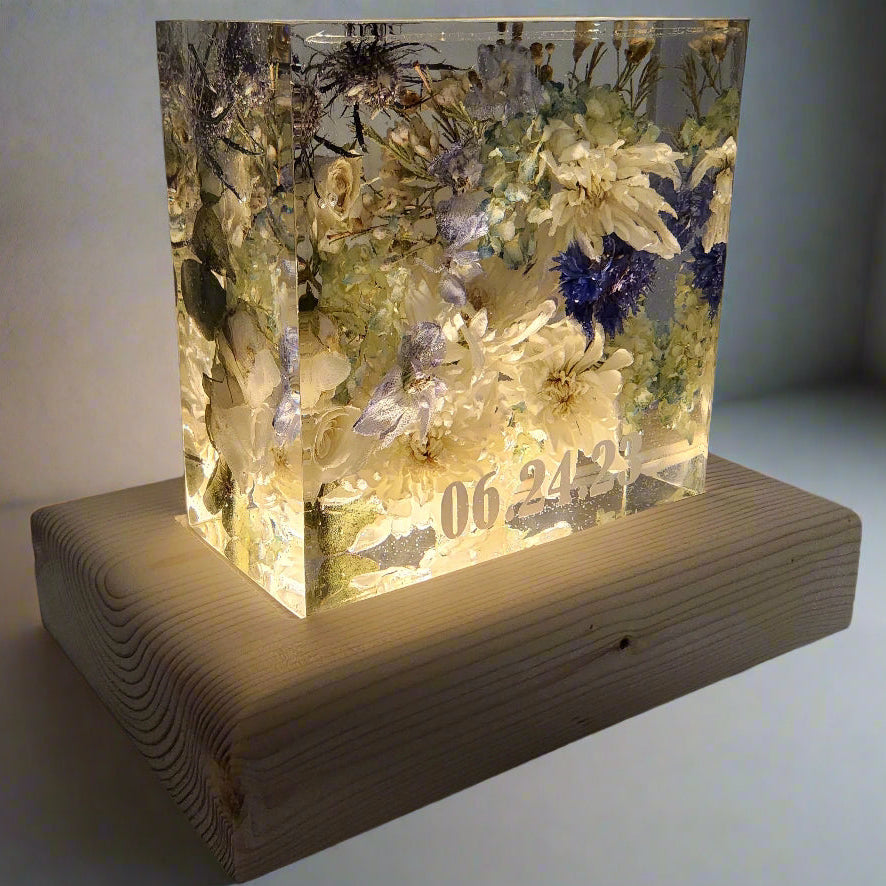 wedding flower preservation 5 inch bouquet block lighted pine base