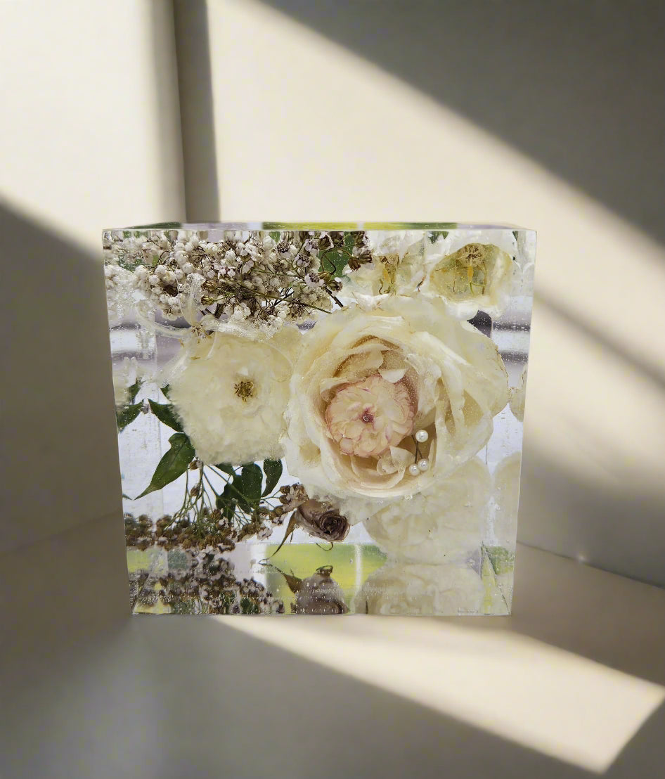 5 inch cube white bouquet preservation with pins