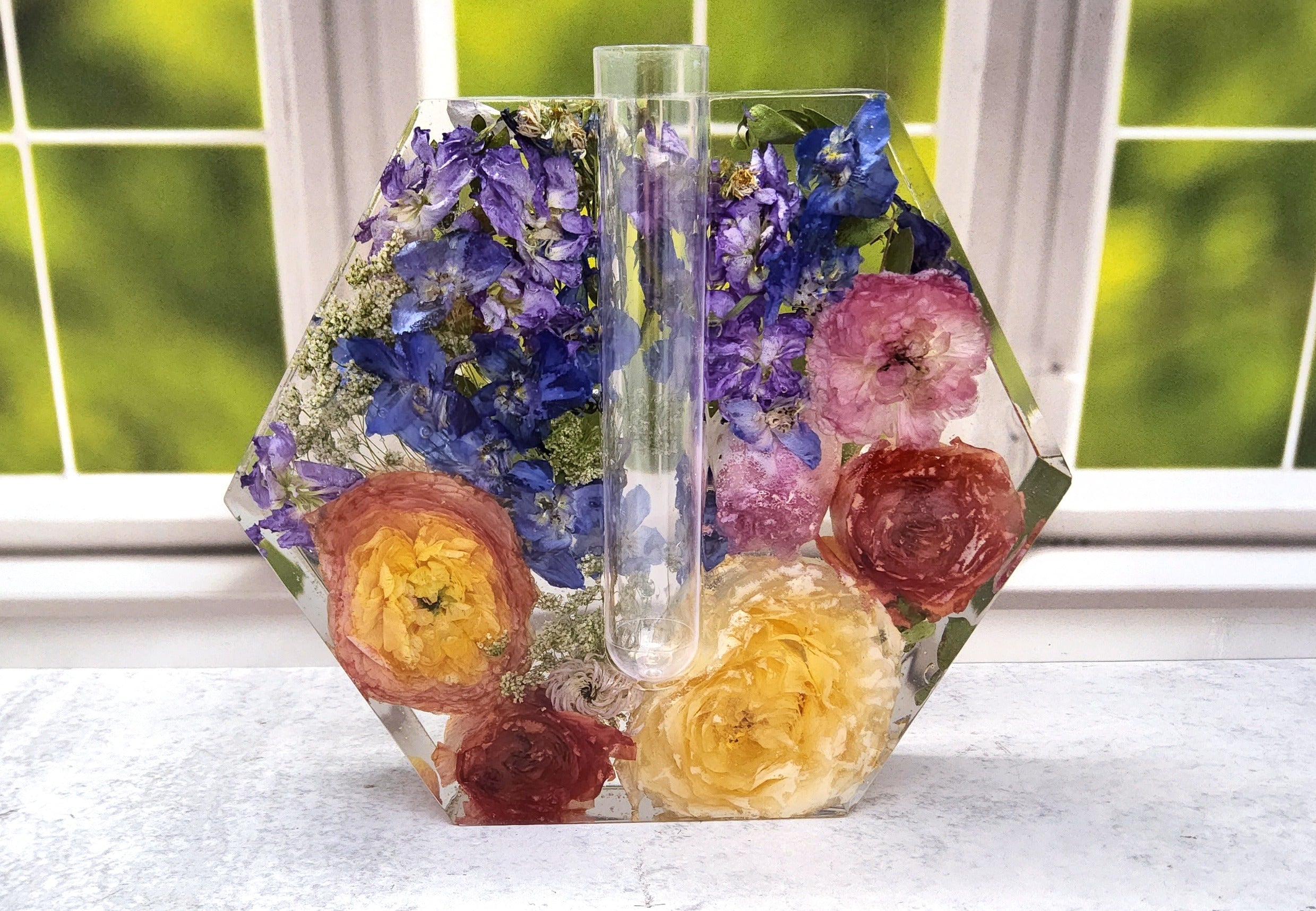 7" Preserved Flower Hexagon Bud Vase