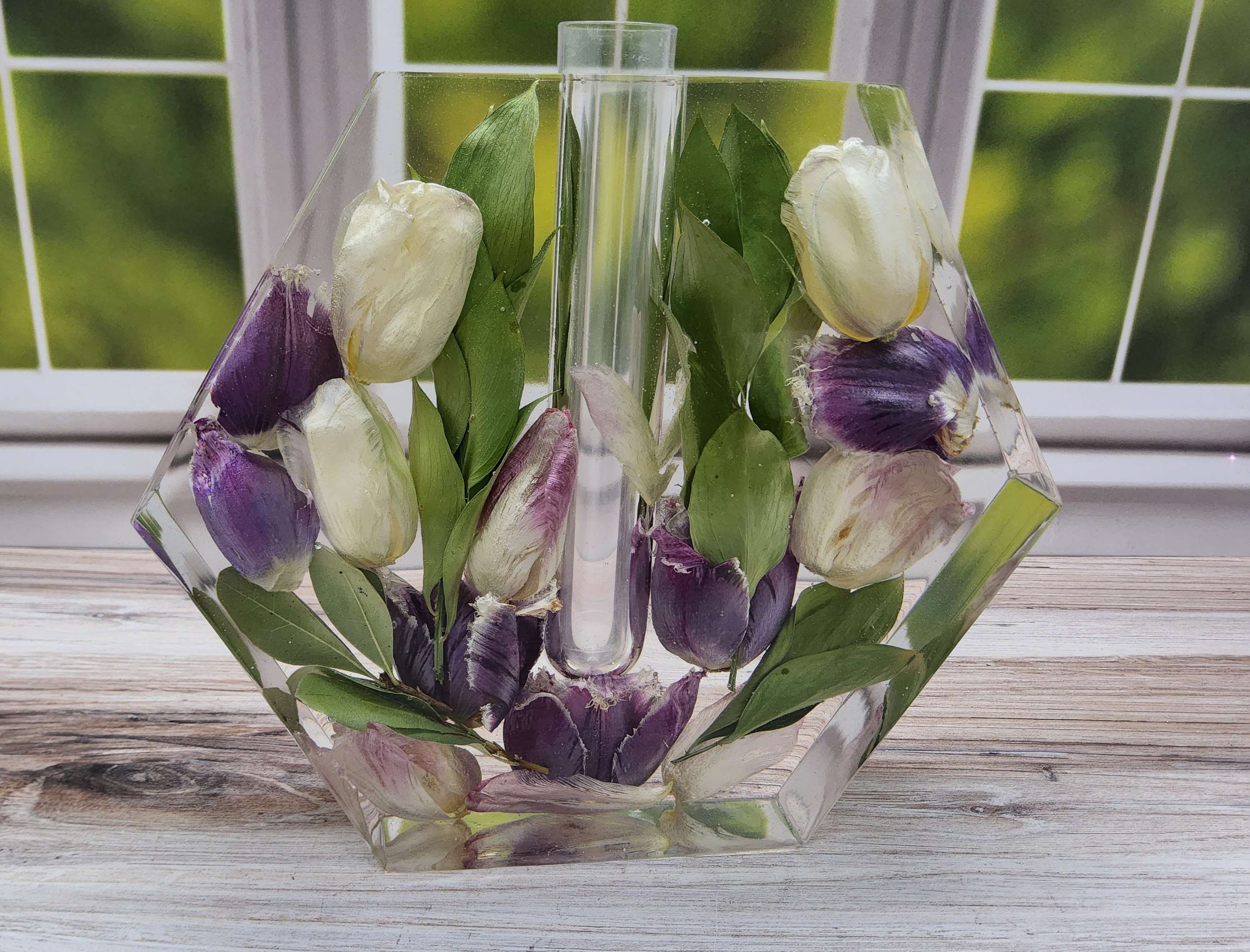 7" Preserved Flower Hexagon Bud Vase