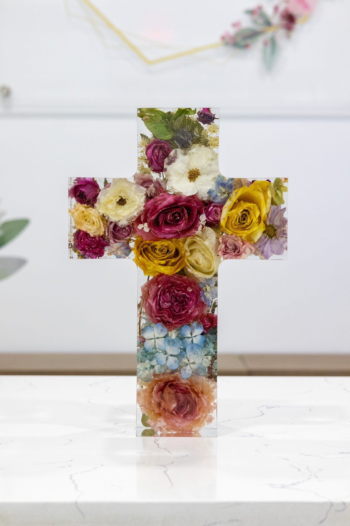 12" Cross Preserved Flower Display