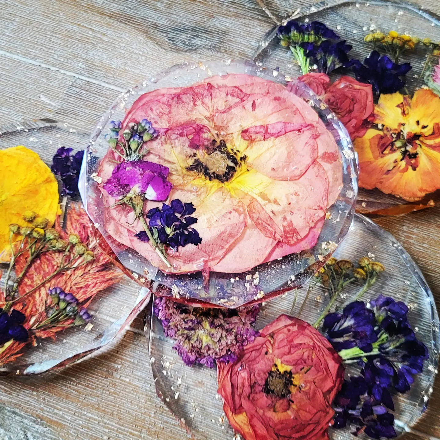 5" Pressed Flower Diamond Coaster Set