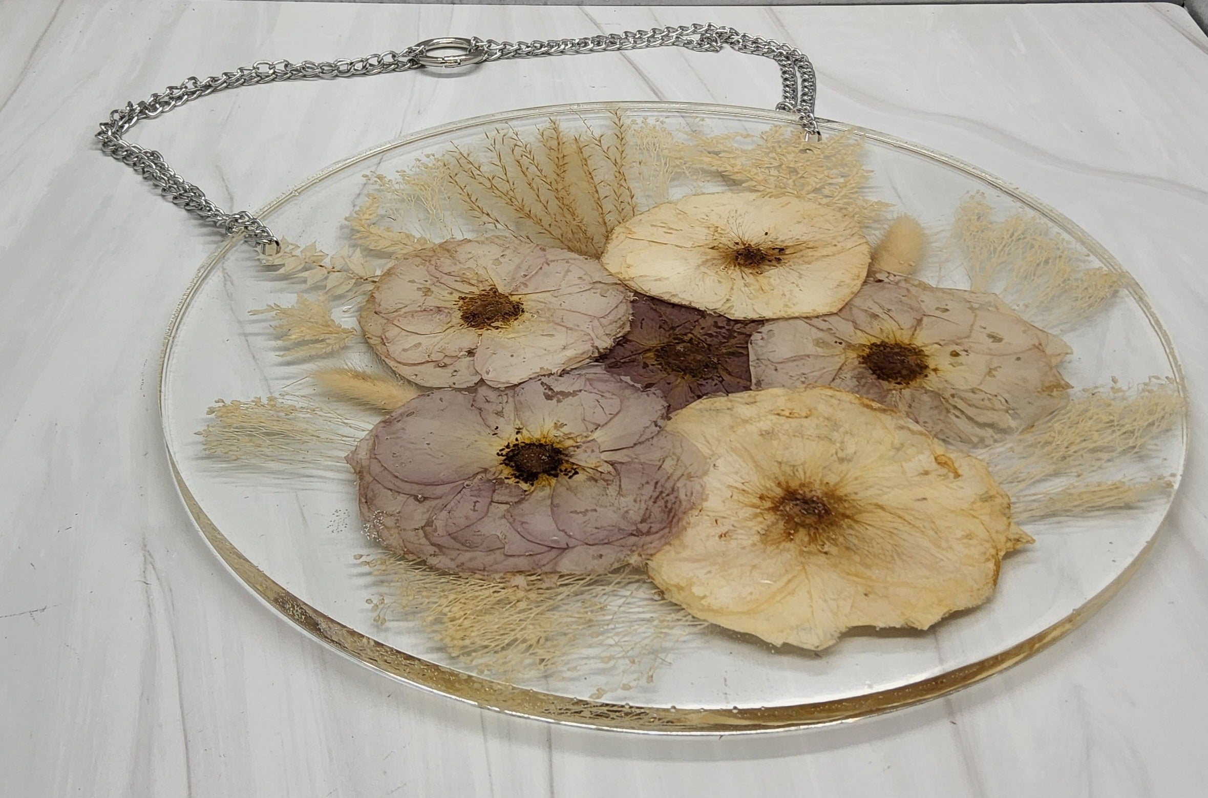 13" Round Pressed Flower Hanging Display with Chain