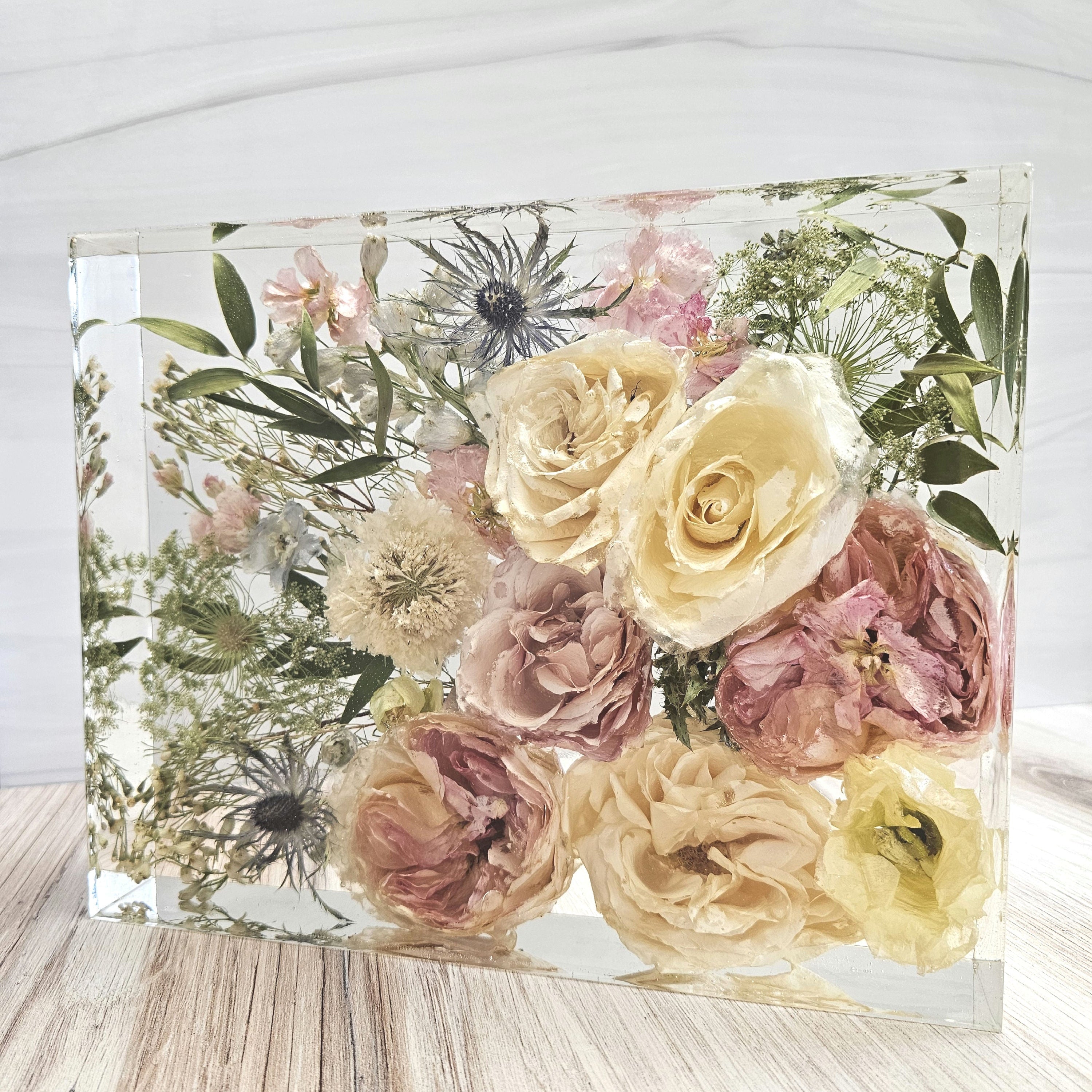 Blue Thistle Bouquet Preservation white rose and pink garden rose preserved