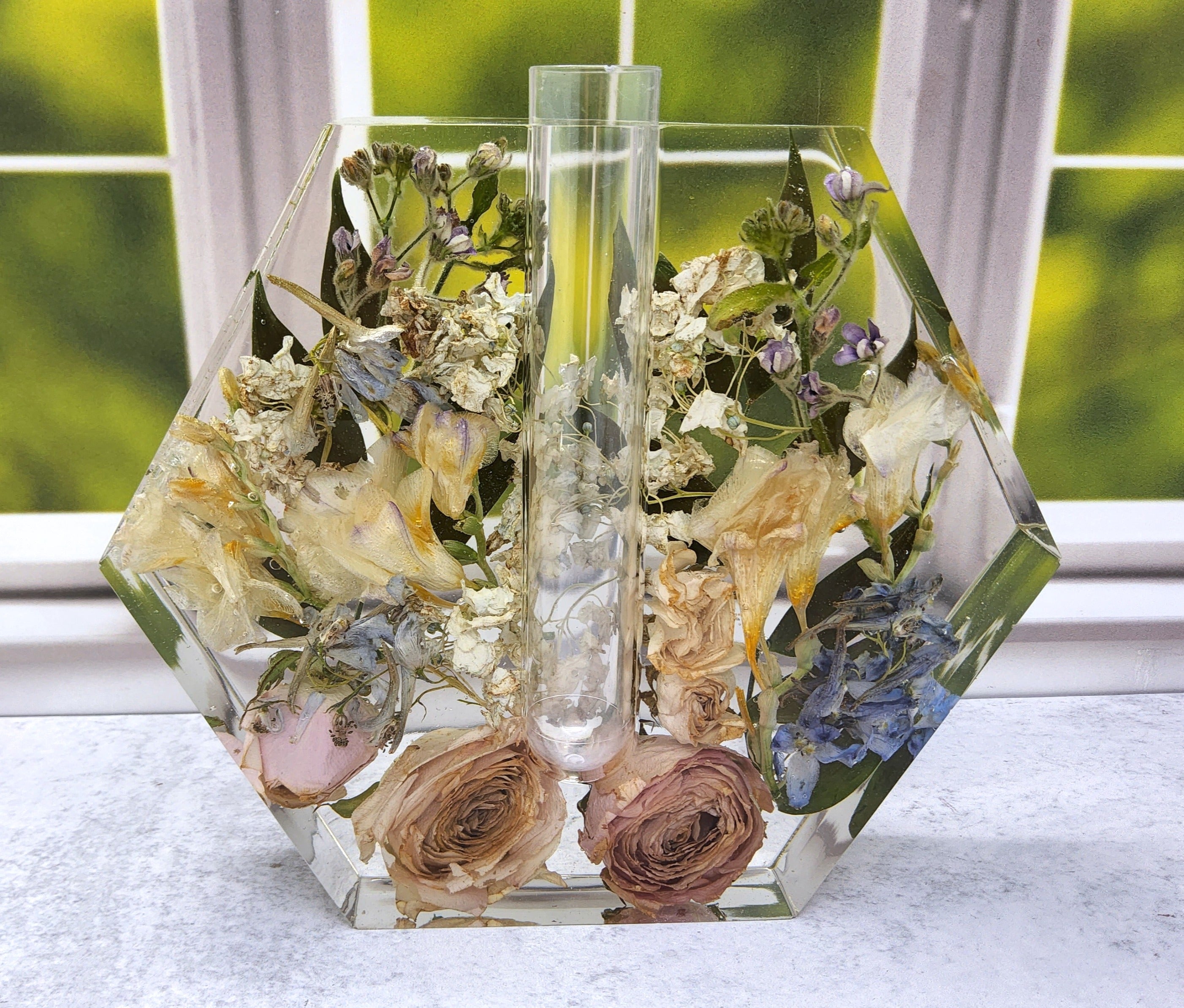 7" Preserved Flower Hexagon Bud Vase