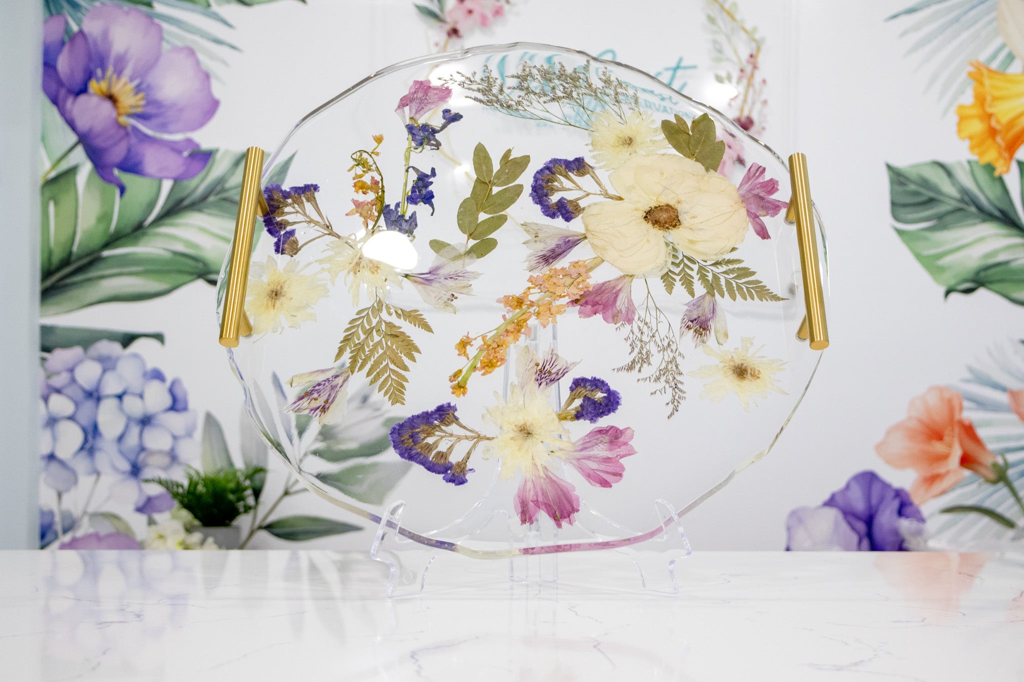 16" Pressed Flower Geode Edge Serving Tray
