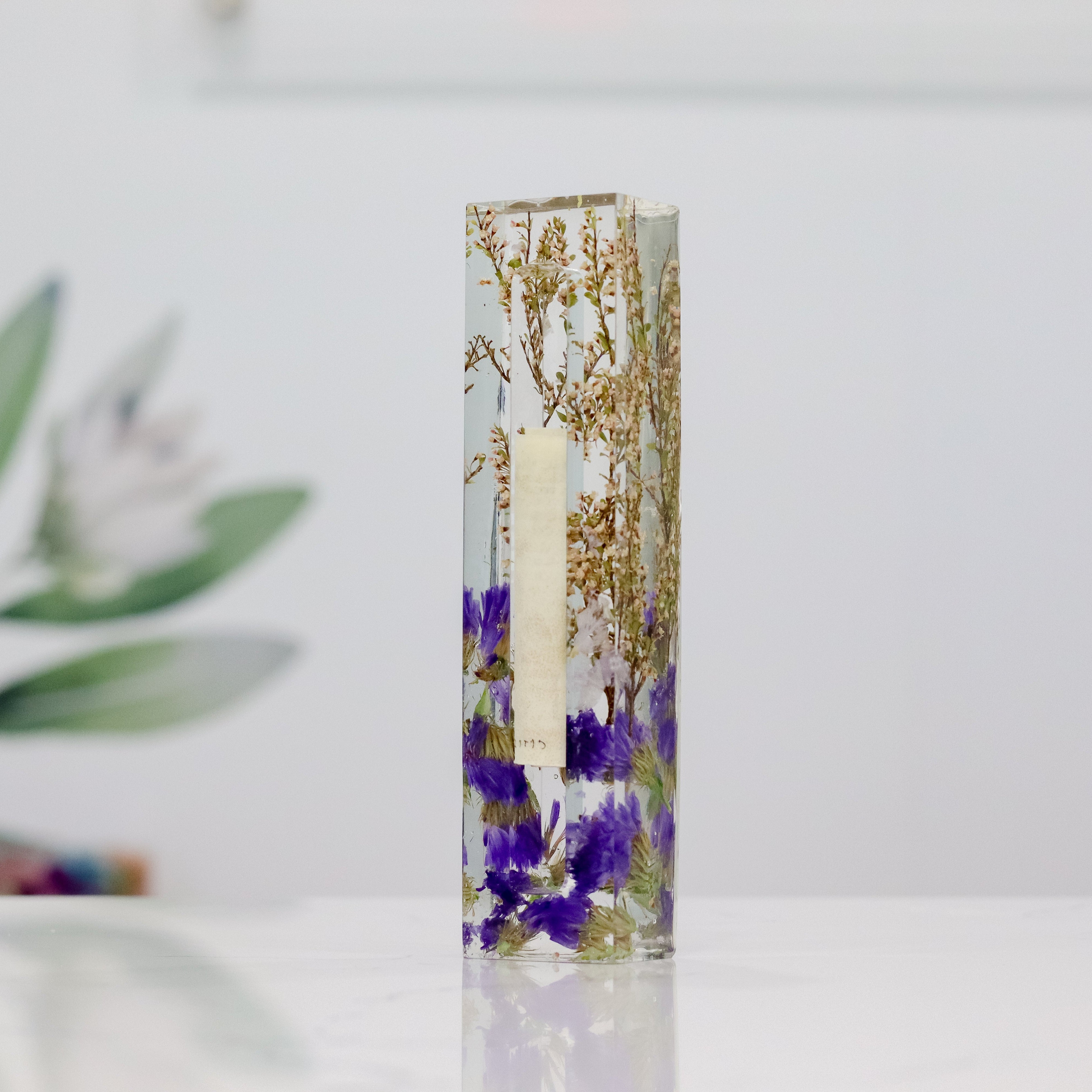 resin mezuzah case with preserved flowers