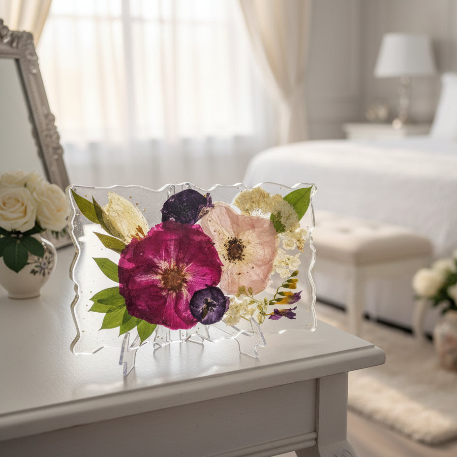 Geode resin tray geode edge flower preservation serving tray in a bridal suite