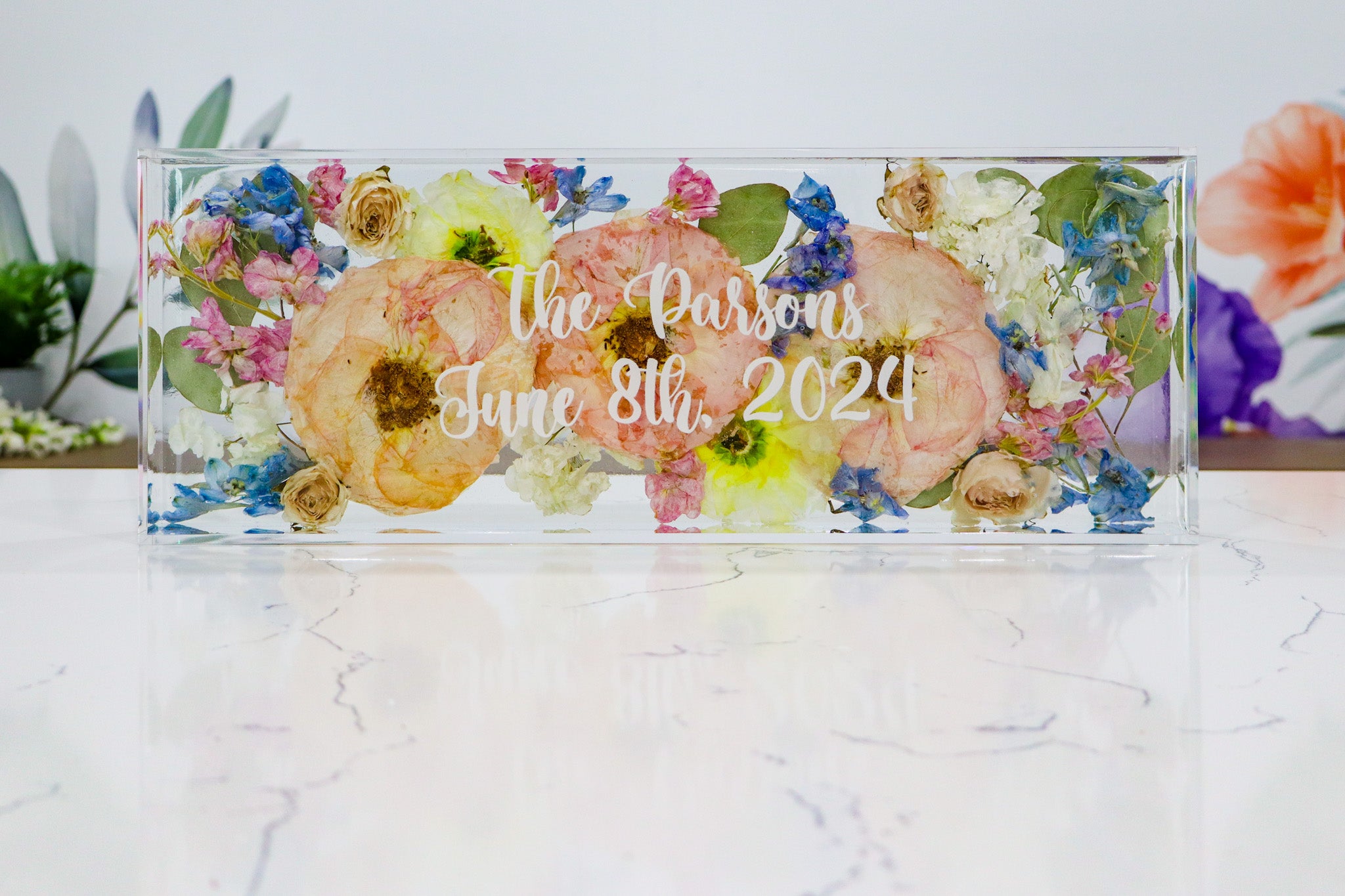 Flower Mantel Arrangement with Name Personalization Wedding Bouquet Preservation Resin Flower Preservation Home Decor for Newly Wed Couple