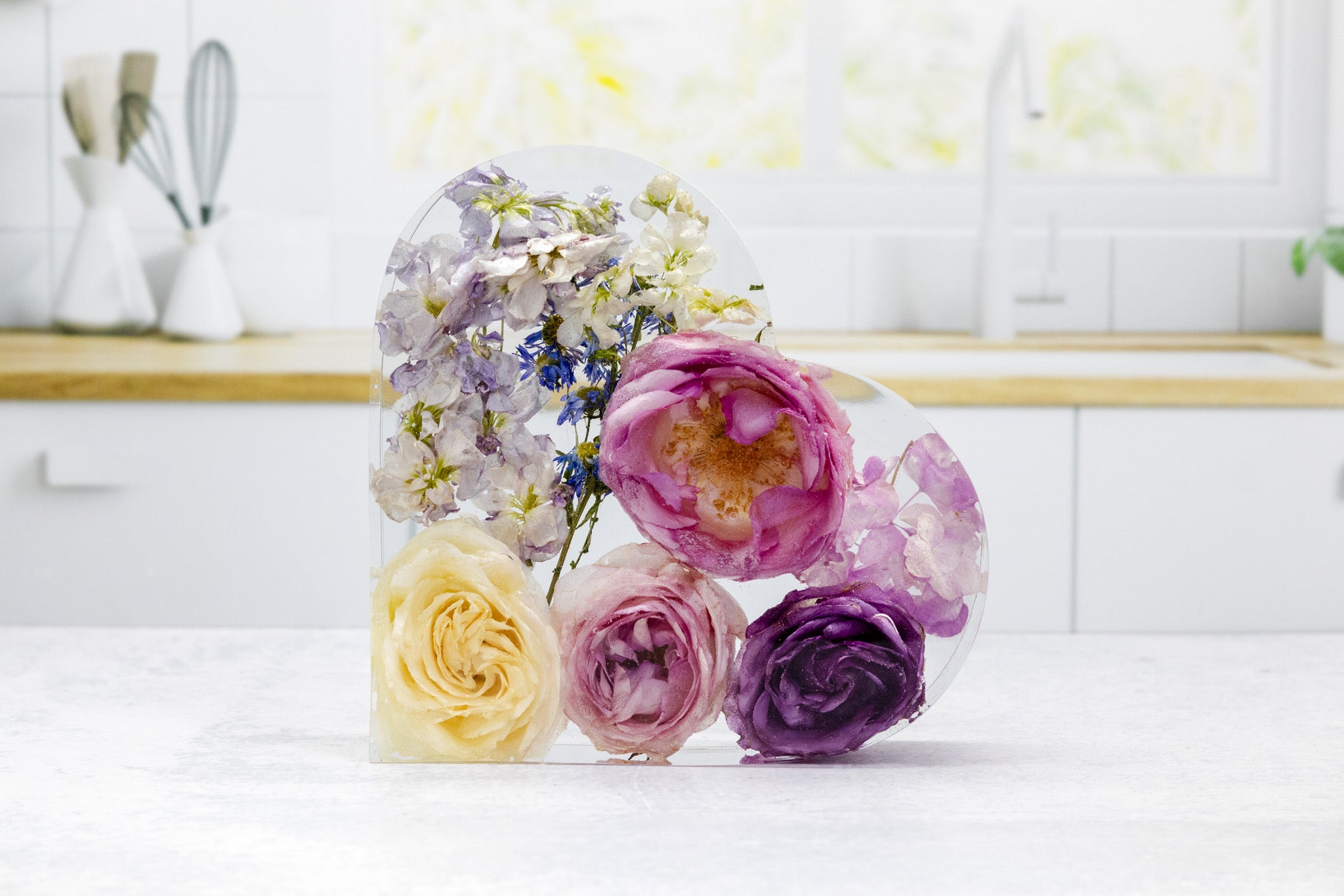 preserved roses and dried delphinium flower preservation in resin heart