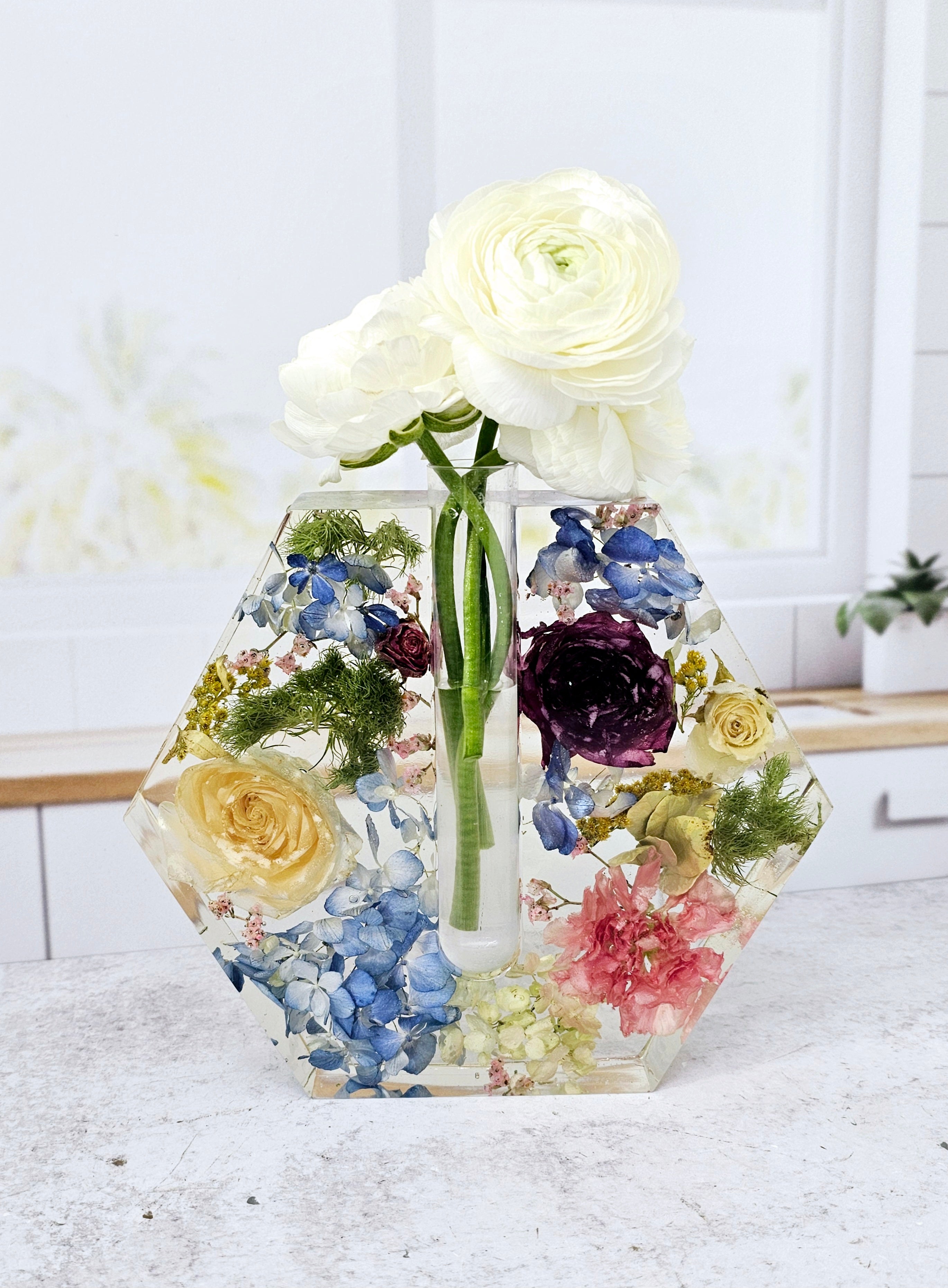 7" Preserved Flower Hexagon Bud Vase