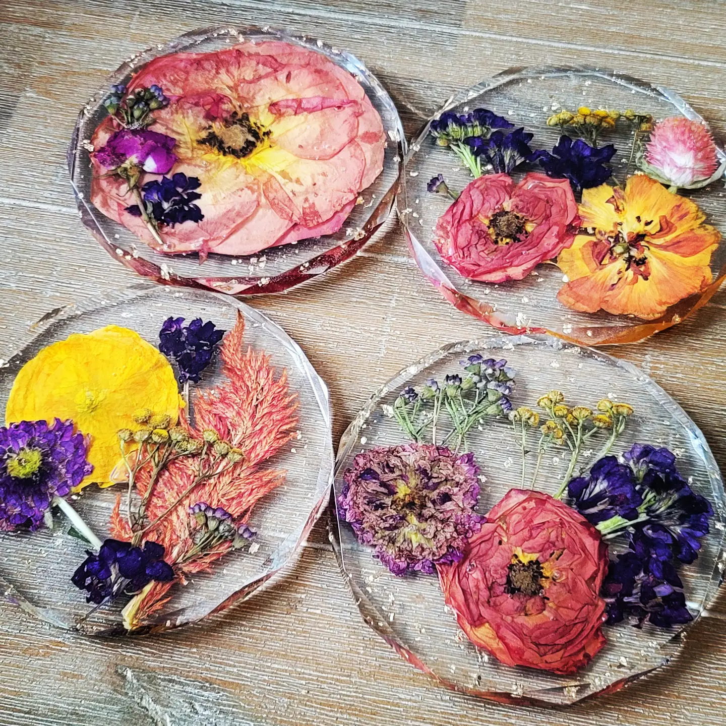 Diamond coaster with dried rose petals in clear resin, alternate colour variation