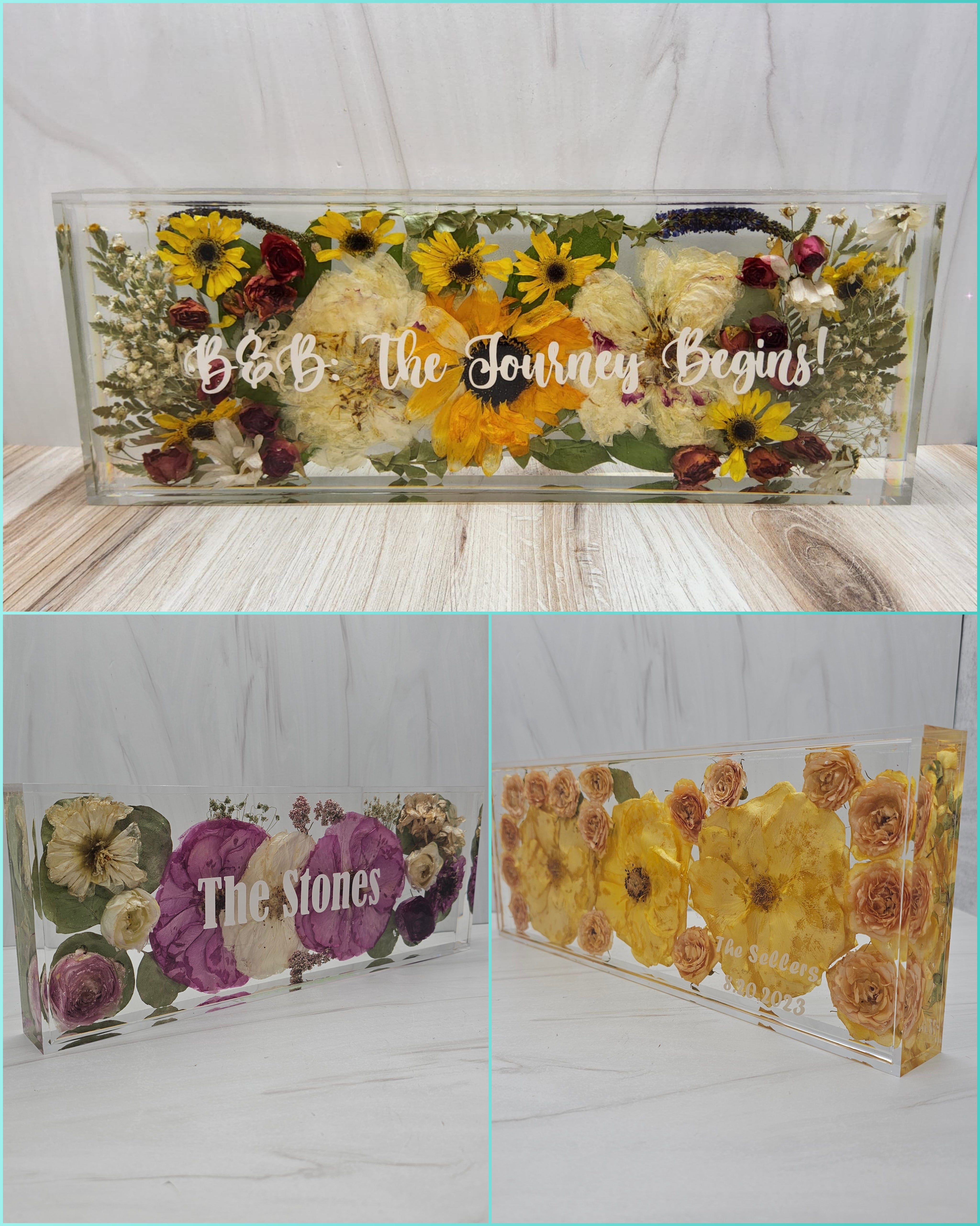Flower Preservation Personalized Name Display Wedding Bouquet Preservation in Resin Bridal Bouquet Family Name Art Pressed Flower Name Plate
