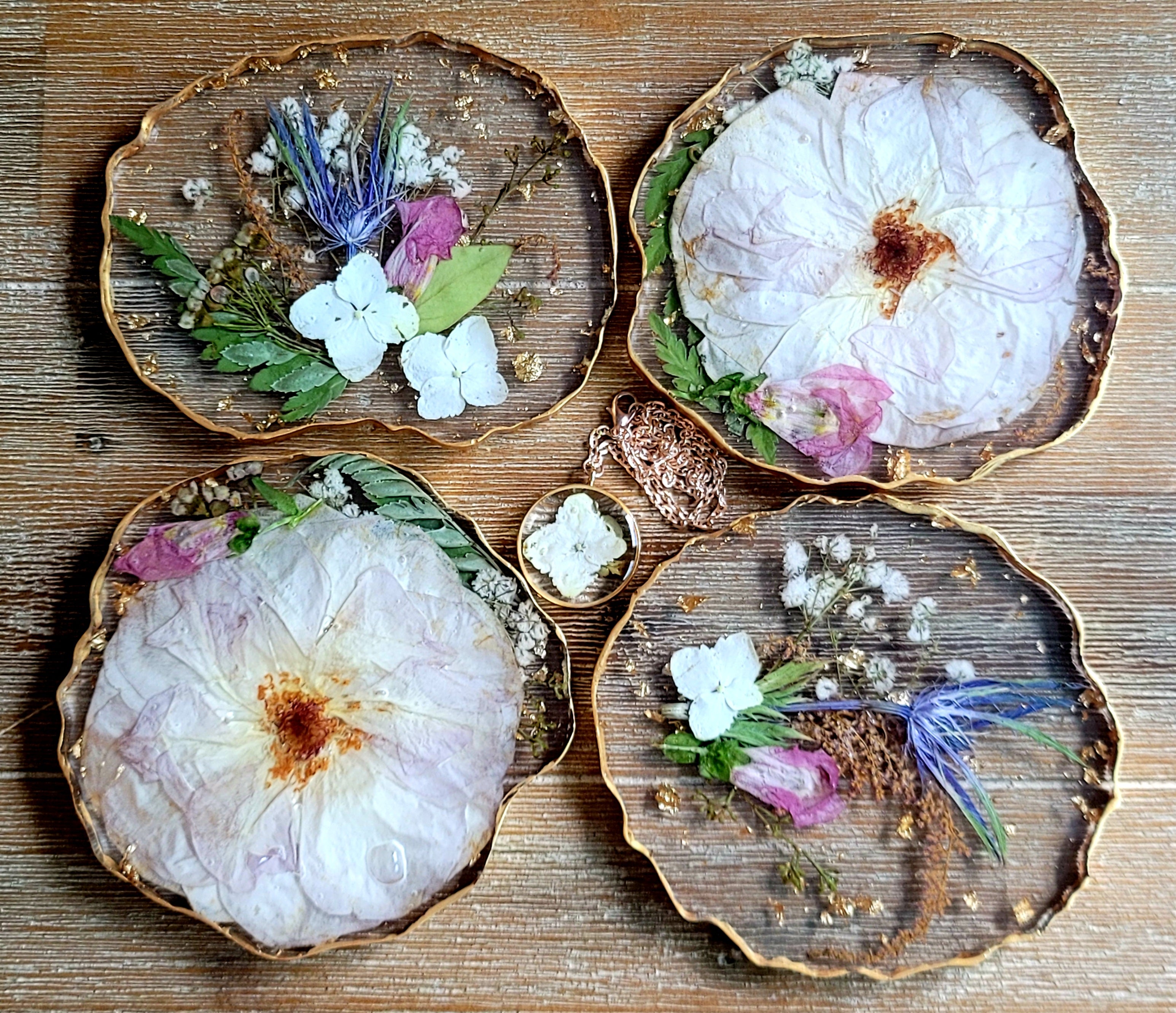 5" Pressed Flower Geode Coaster Set