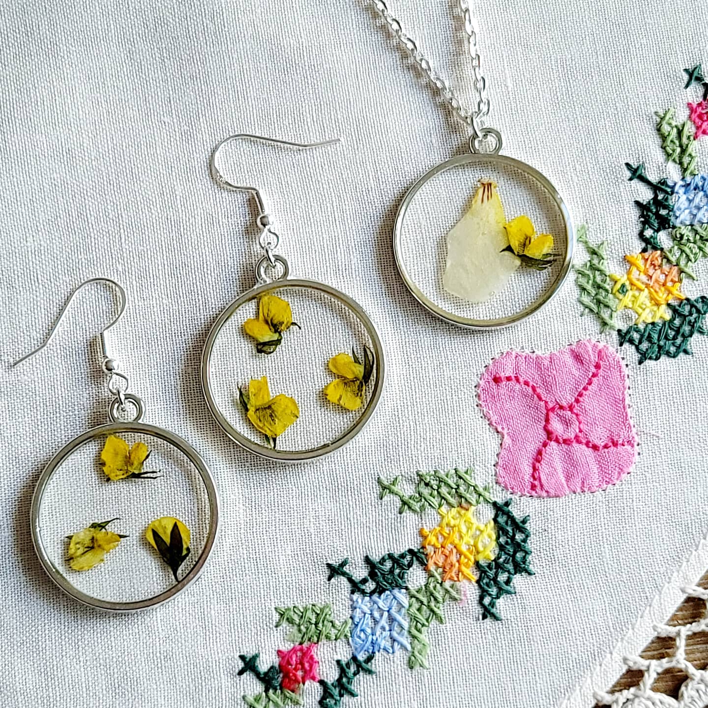 Pressed Flower Round Pendant Jewelry Sets