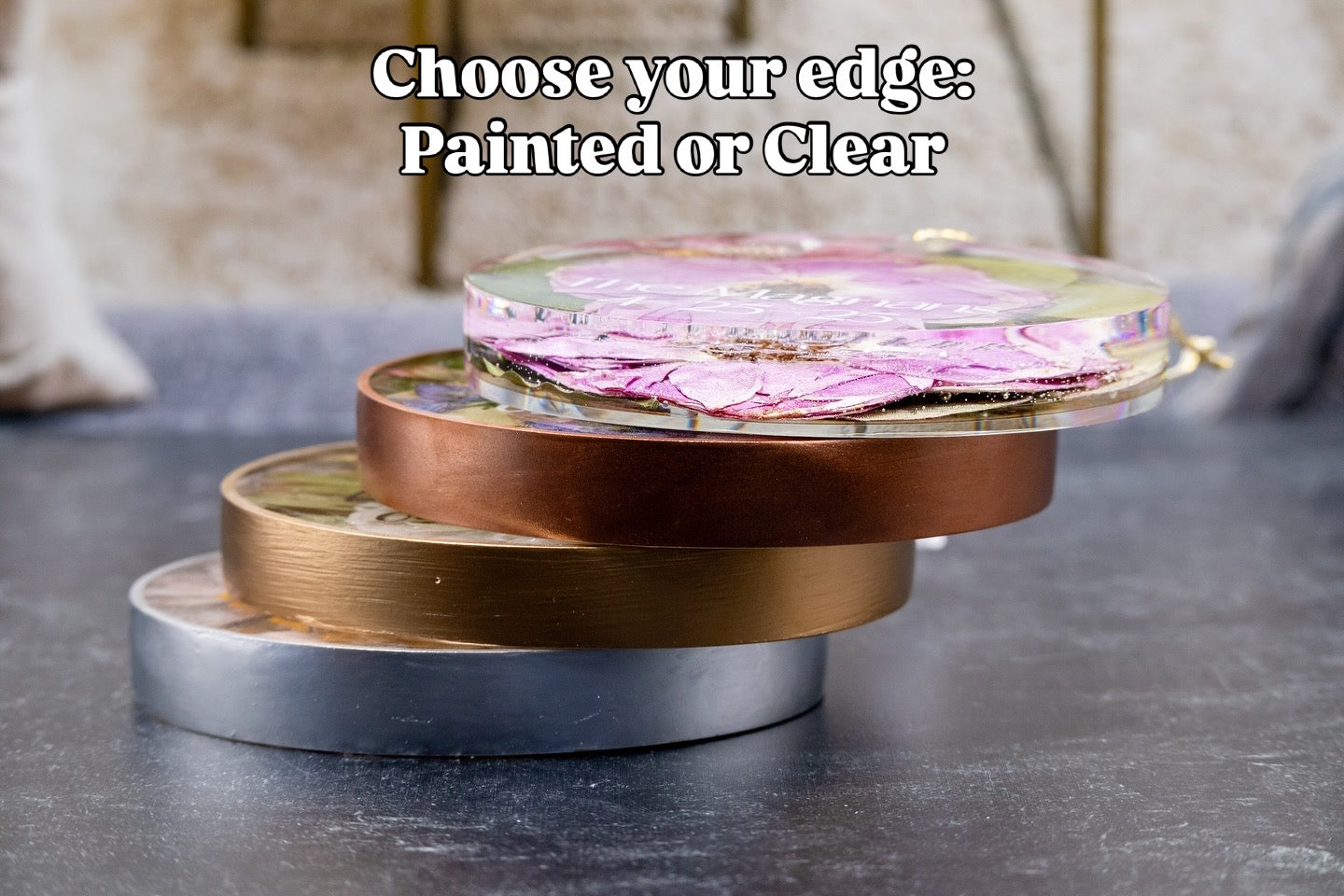 12x8 Tray & Round Coaster Bundle showcasing painted and clear edge options for coasters.