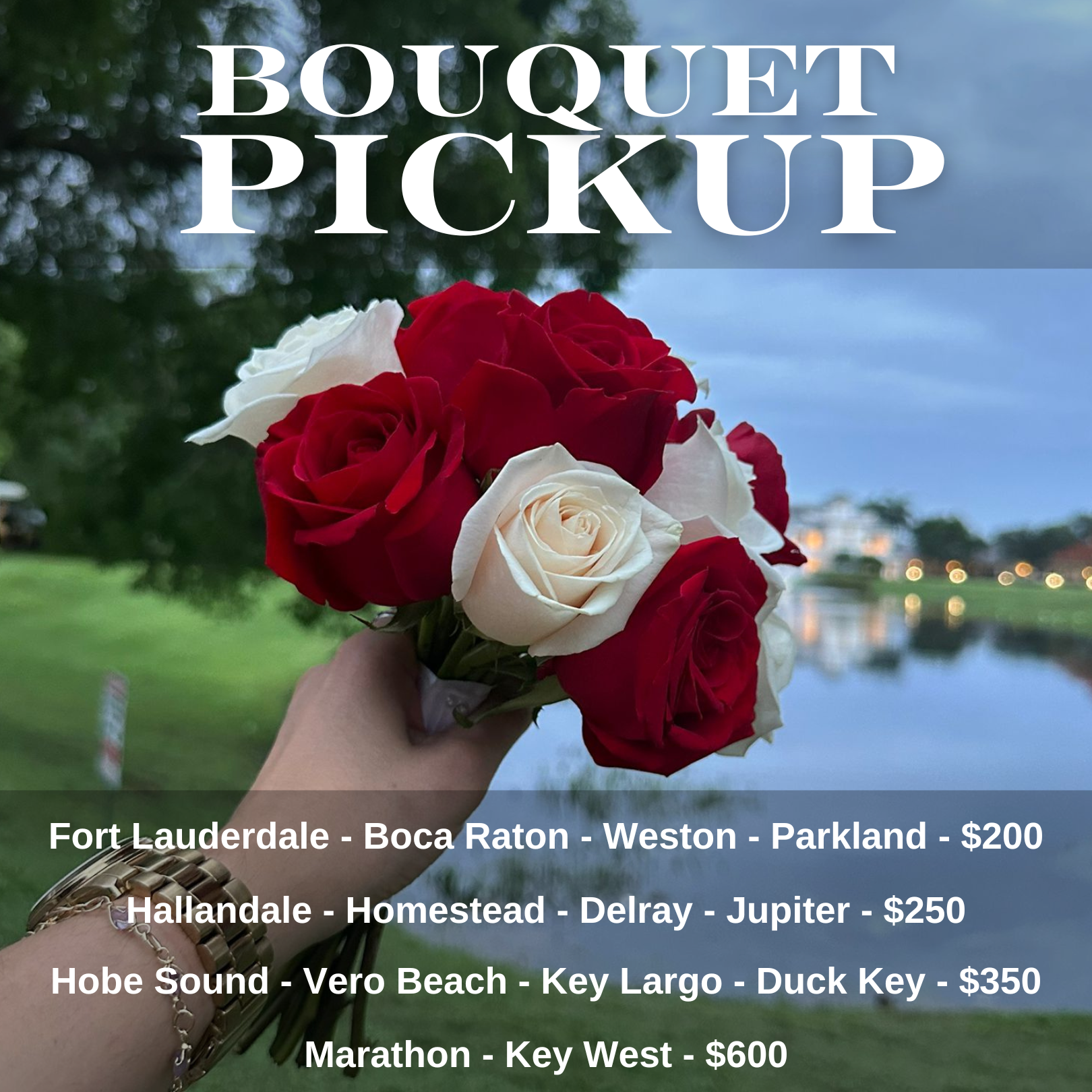 An advertisement for a bouquet pickup service showing a hand holding a bouquet with red and white flowers, and a list of service areas with corresponding prices.