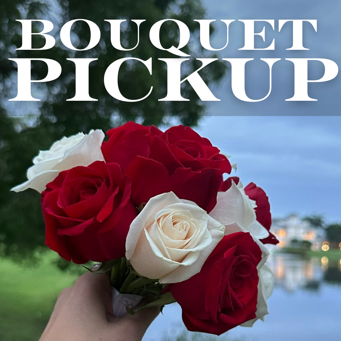 An advertisement for a bouquet pickup service showing a hand holding a bouquet with red and white flowers, and a list of service areas with corresponding prices.