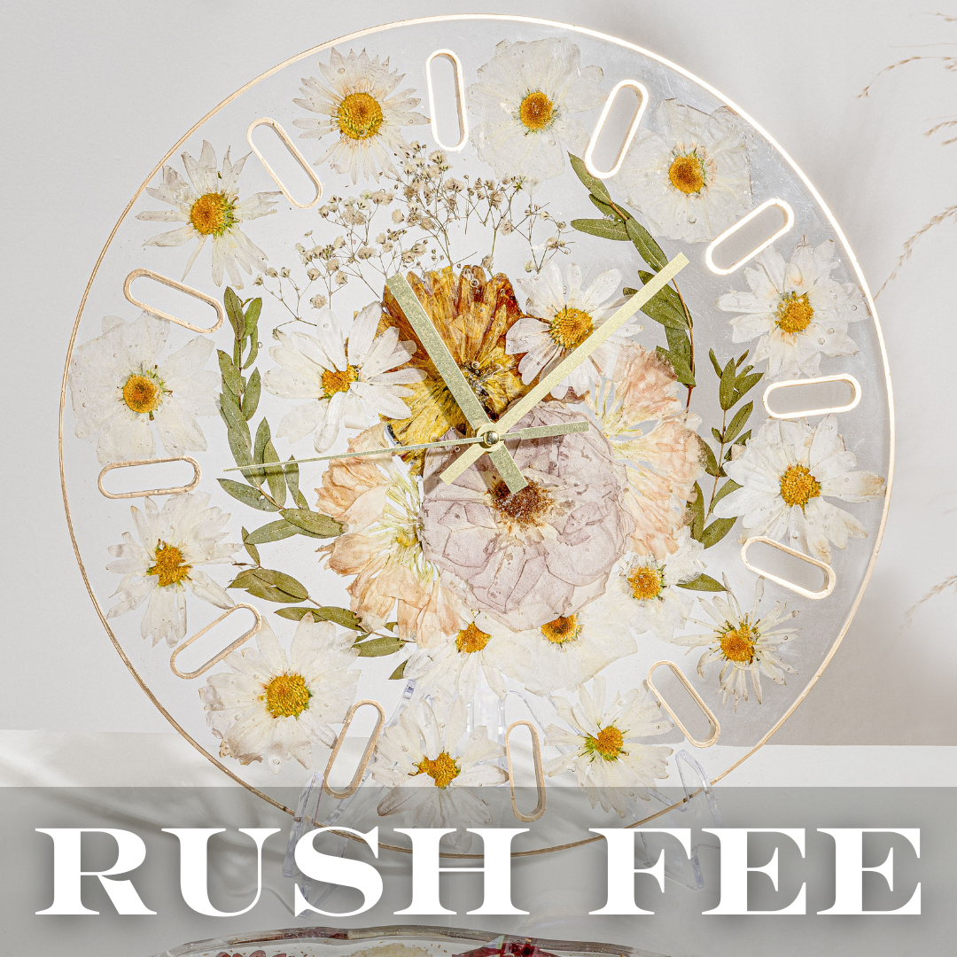 Pressed Flower Clock with Text Overlay RUSH FEE for expedited bouquet preservation services.